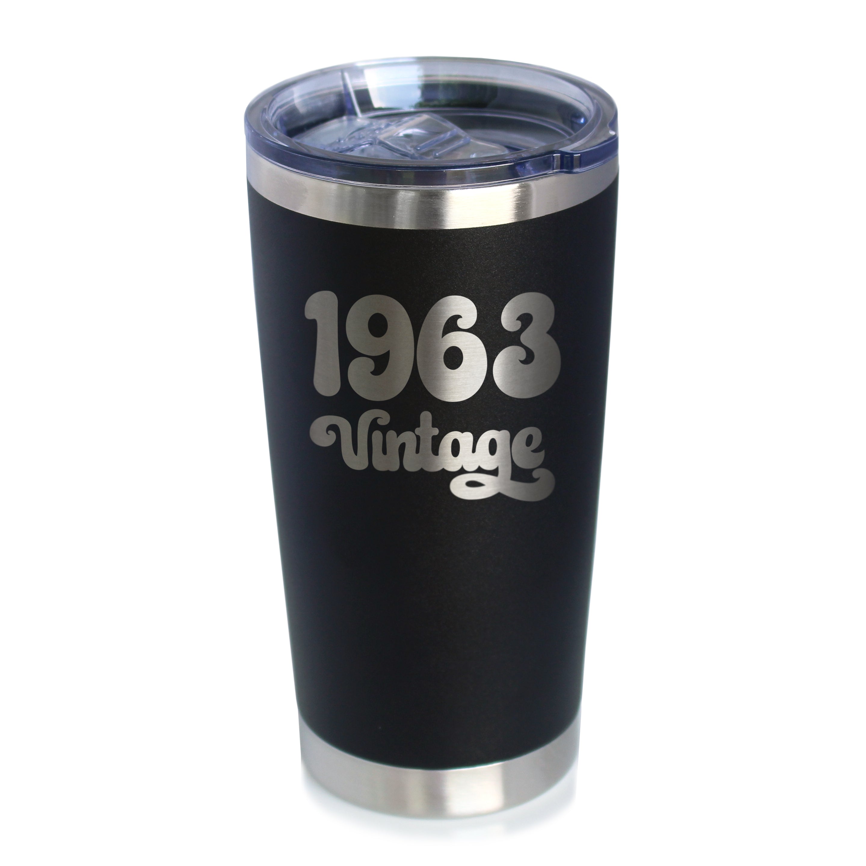 Vintage 1963 - Insulated Coffee Tumbler Cup with Sliding Lid - 20 oz - Funny 62nd Birthday Gift for Women or Men Turning 62