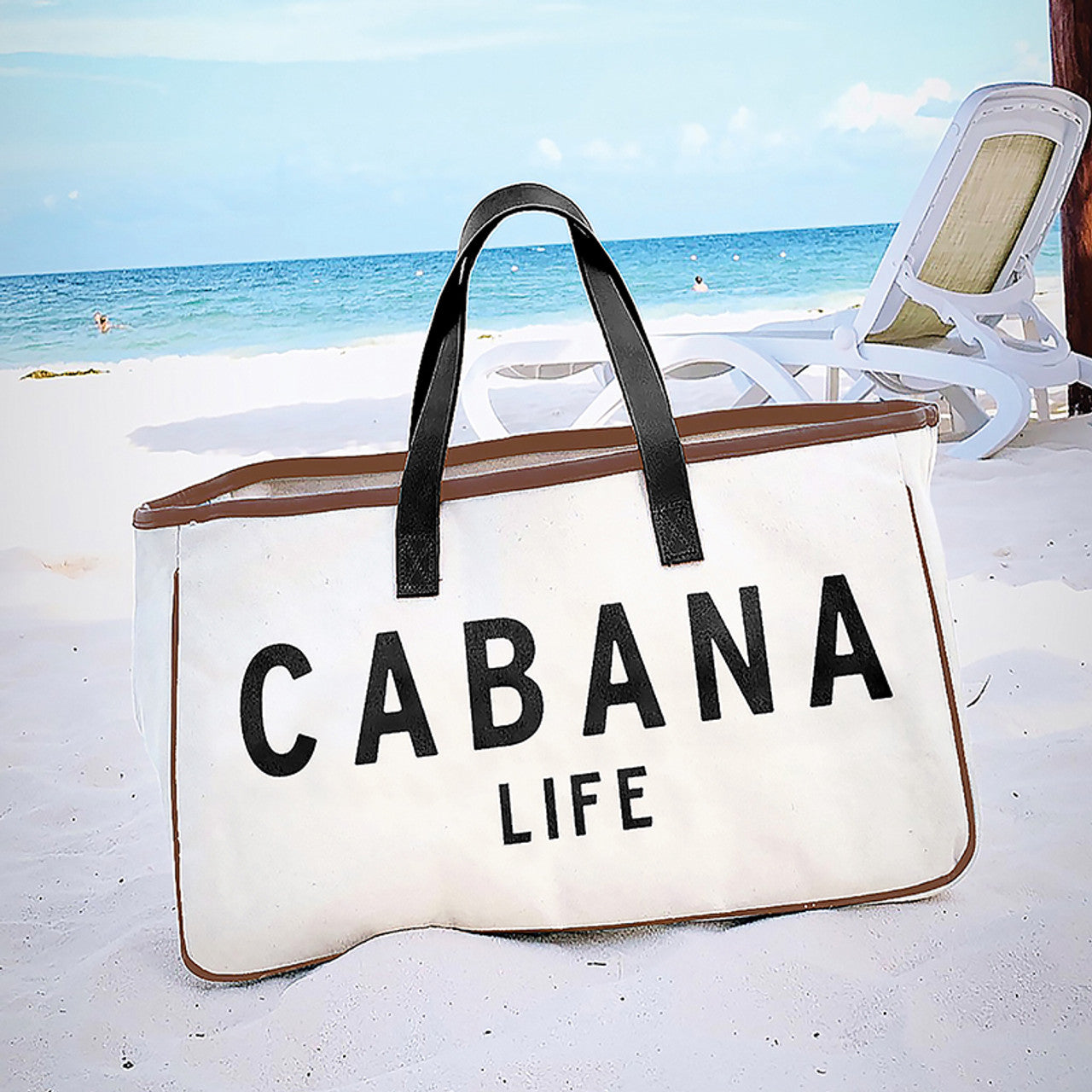 Cabana Life Canvas Rectangular Tote | Genuine Leather Handles Carry-all Beach Bag | 20&amp;quot; x 11&amp;quot;