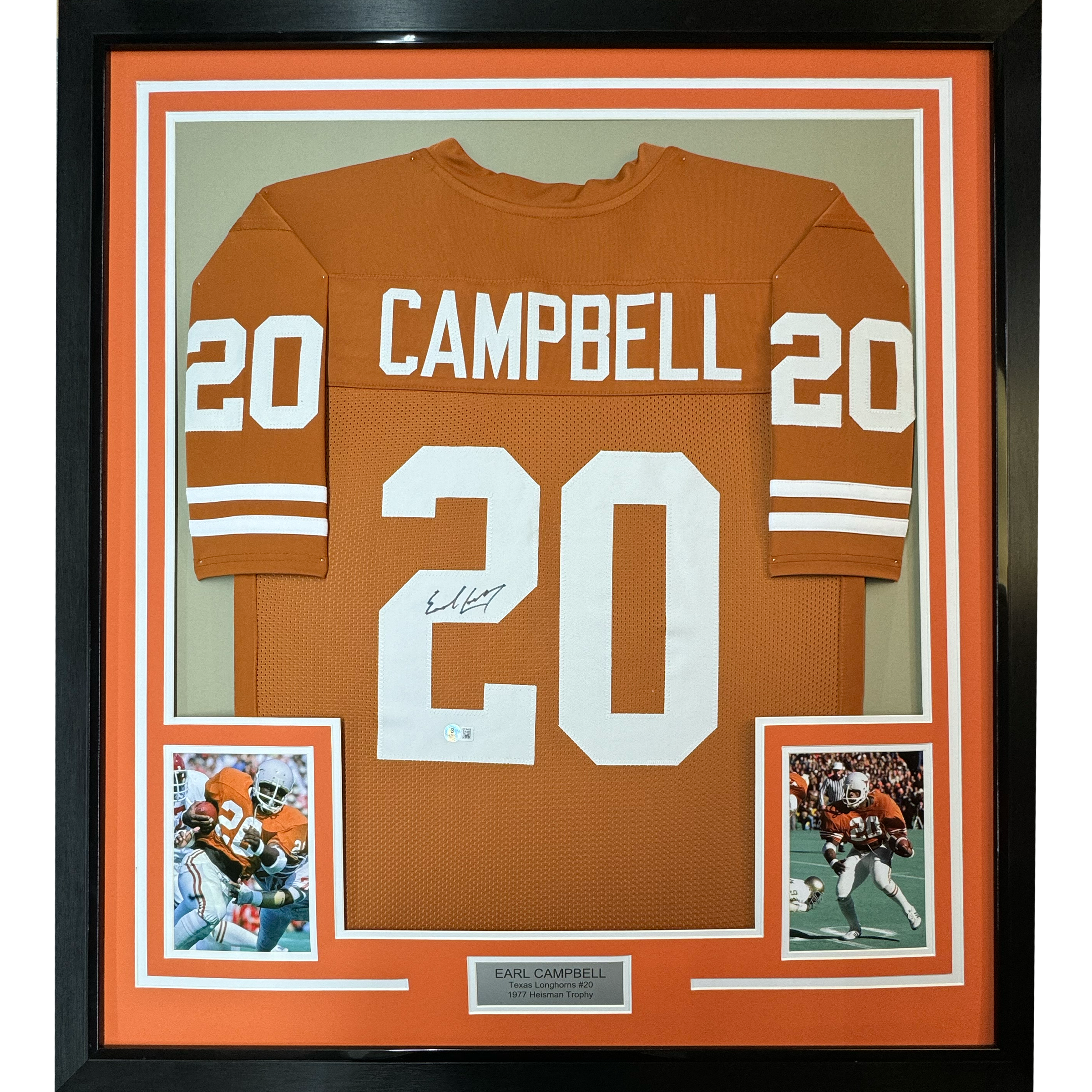 Framed Autographed/Signed Earl Campbell 35x39 Texas Orange Football Jersey Beckett BAS COA