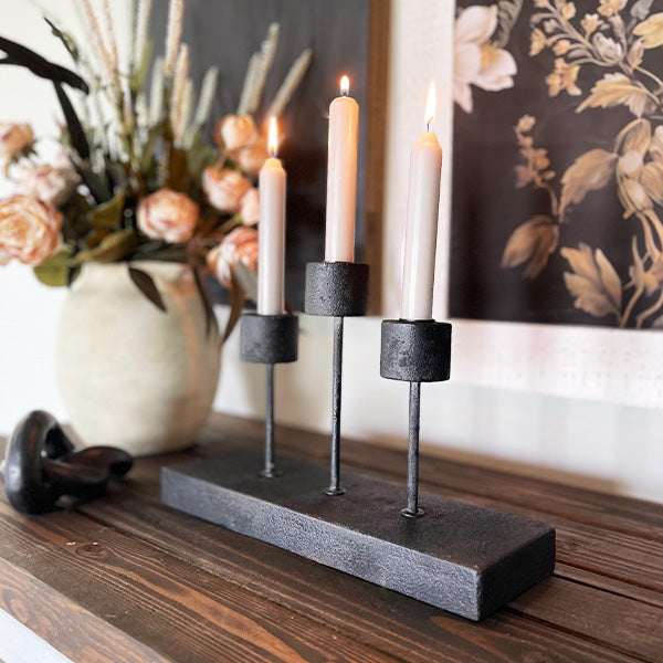 DISTRESSED BLACK METAL CANDLE HOLDER