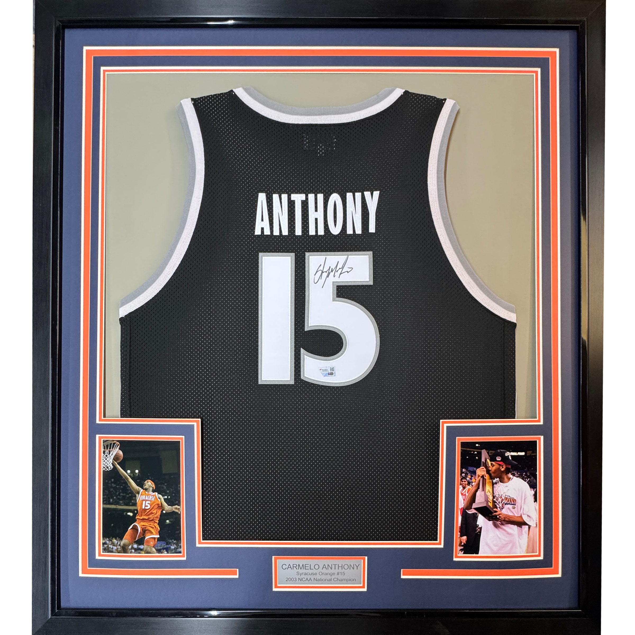 Framed Autographed/Signed Carmelo Anthony 35x39 Syracuse Orange Black Basketball Jersey Fanatics COA