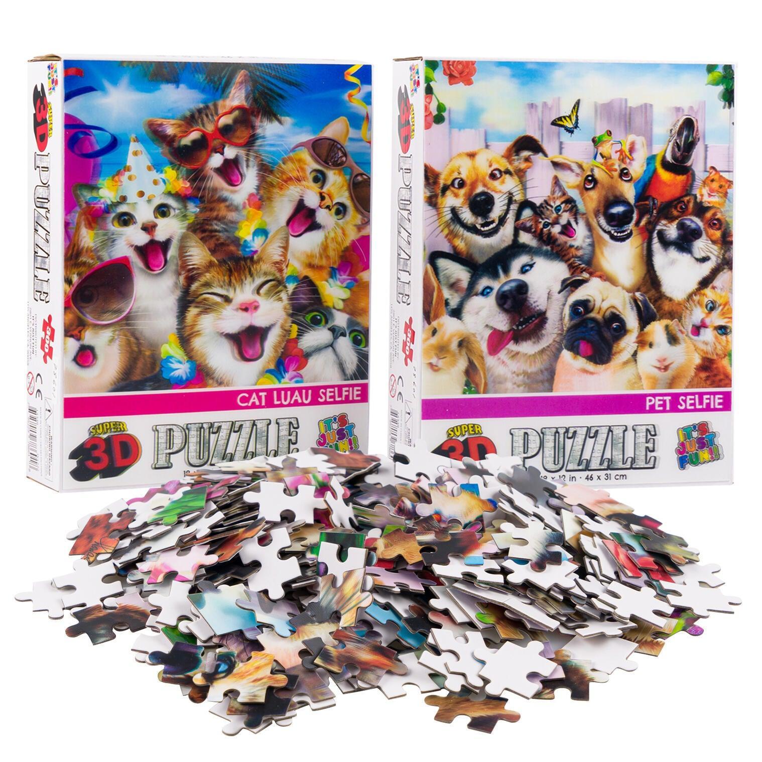 Cat Luau &amp;amp; Pet Selfie Set of 2 300 Piece Lenticular Jigsaw Puzzles Prime 3D
