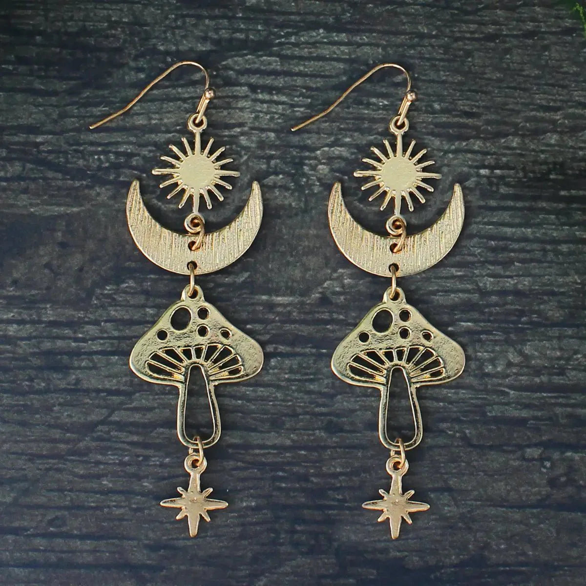 Celestial Magical Mushroom Gold Hook Earrings | 3&amp;quot; x 1&amp;quot; Gold Earrings