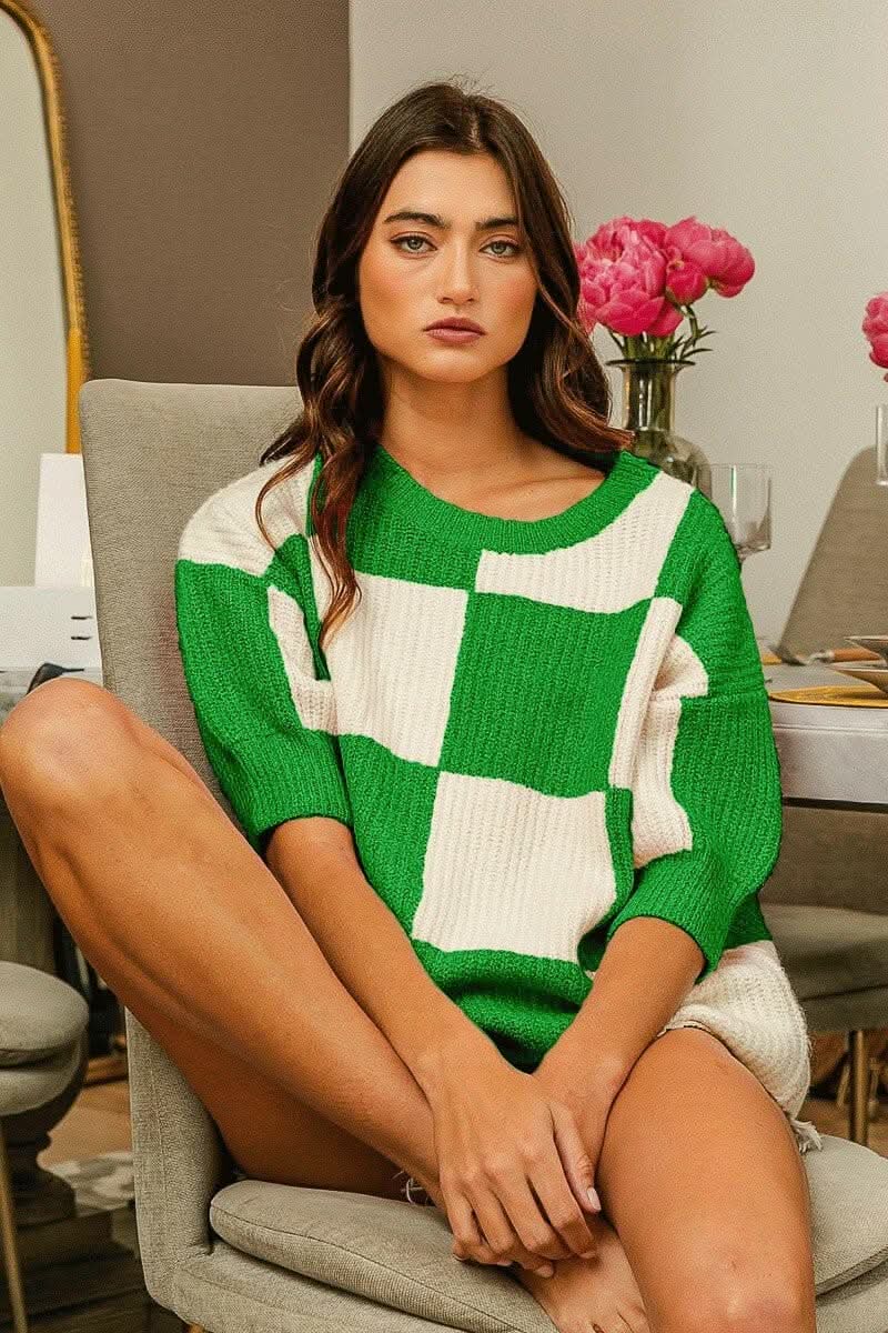 just arrived - Chic Checkered Round Neck Sweater with Contrast