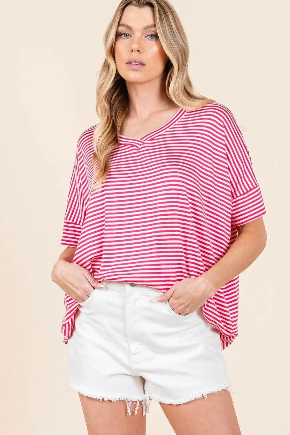 Shorts - Chic Striped V-Neck Tee for Effortless Style