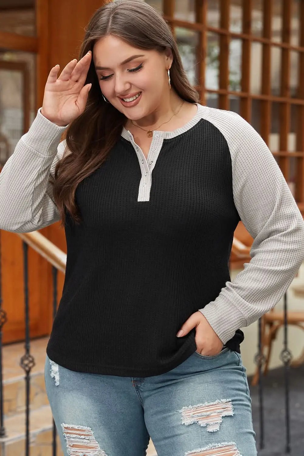 Love Salve Black Button-Up Plus Size Women&amp;#39;s Casual Top: Fall/Autumn Style