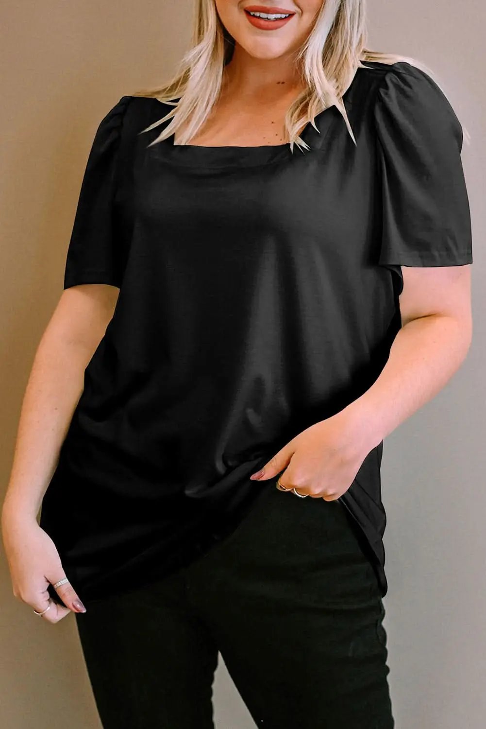Love Salve Black Ruched Top Women&amp;#39;s Daily Puff Sleeve Blouse Casual
