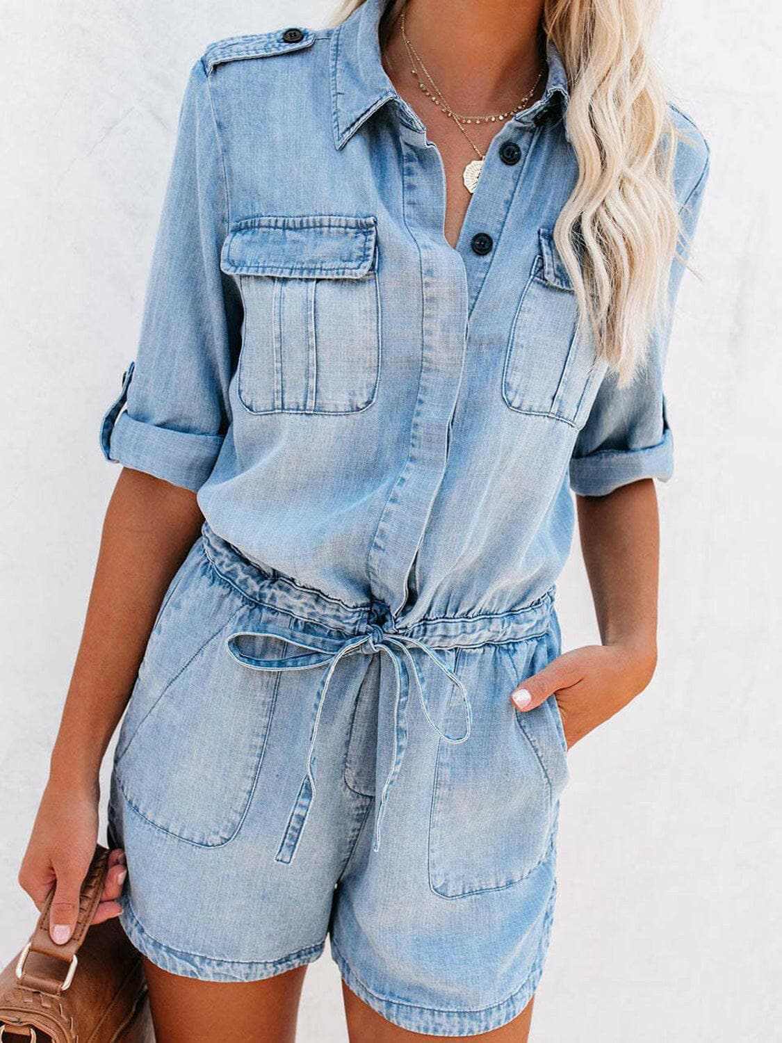 just arrived - Chic denim drawstring romper