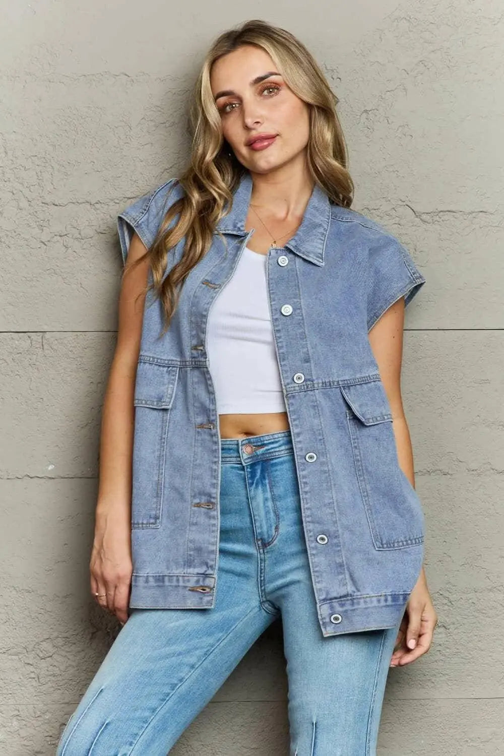 Jeans &amp;amp; Denim - Premium Chic denim sleeveless top with pockets