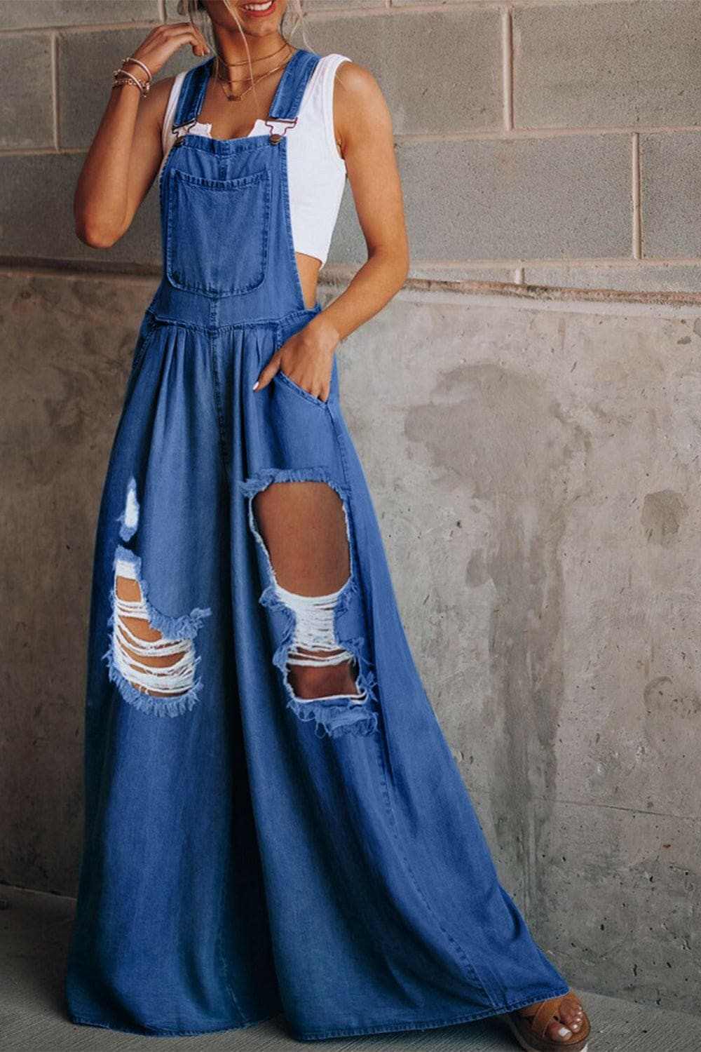Jeans &amp;amp; Denim Chic distressed wide leg jumpsuit