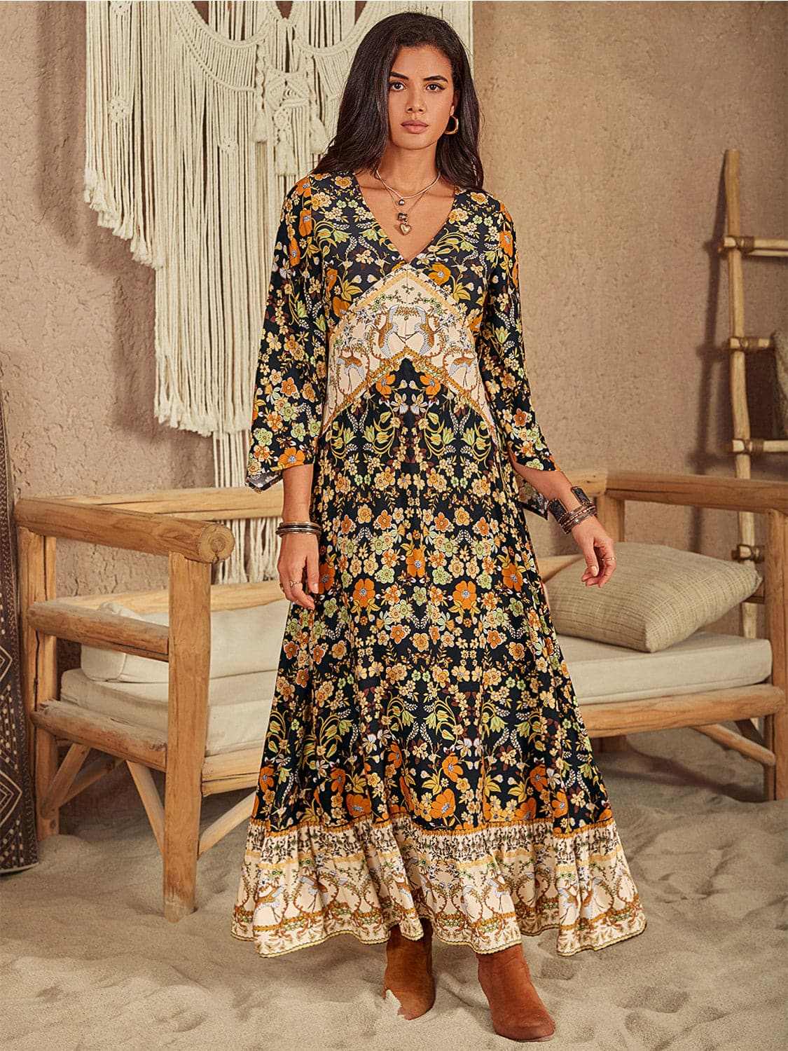 Chic floral v-neck midi dress