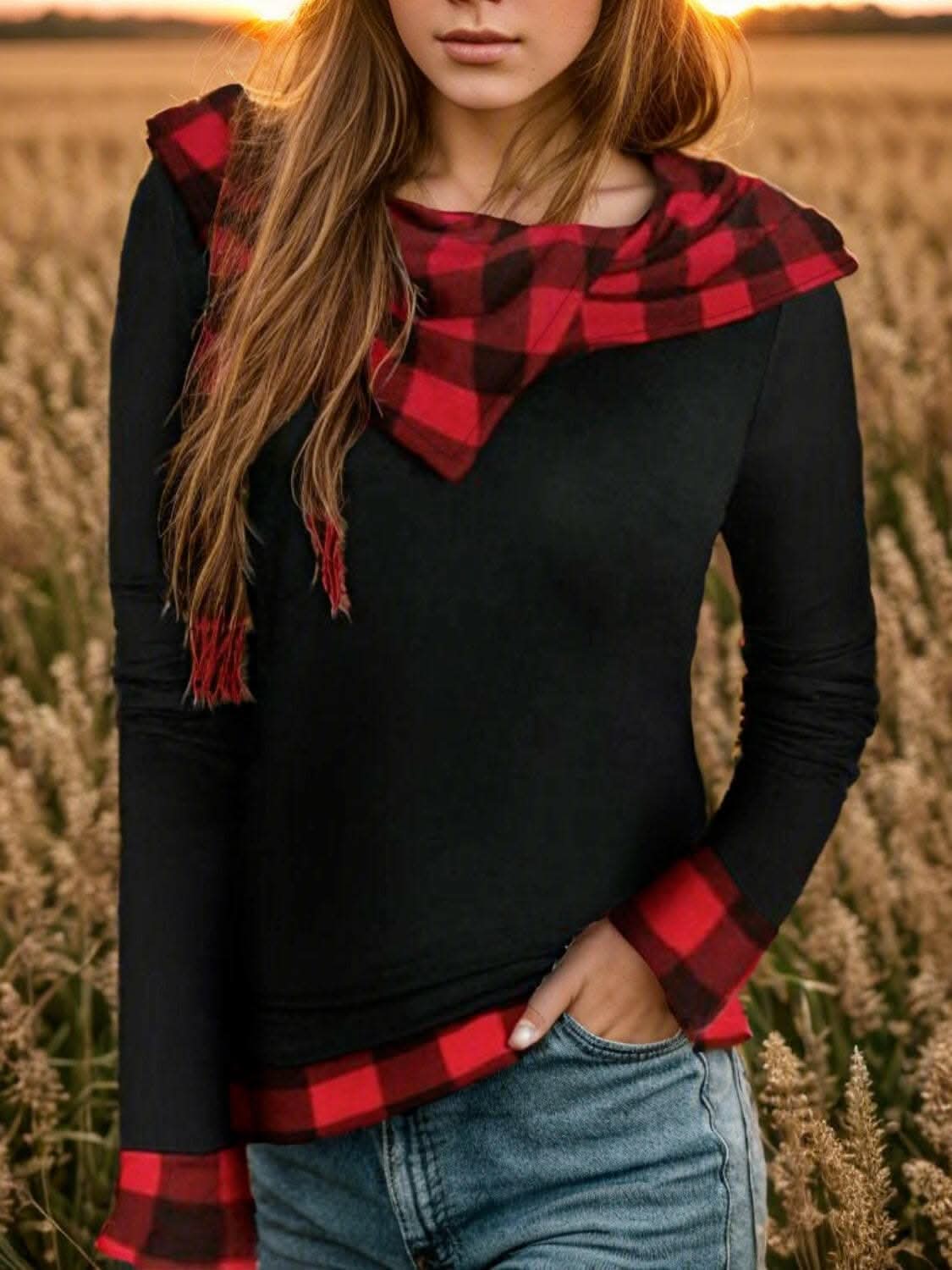 Chic plaid hooded long sleeve blouse