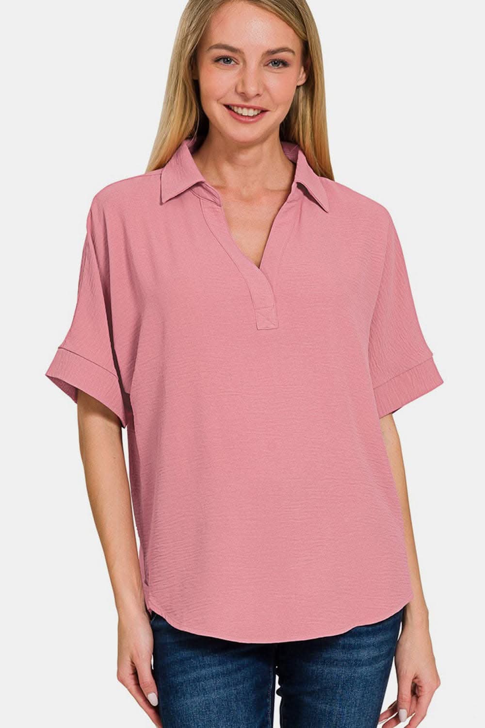 Chic texture collared neck short sleeve top by Zenana