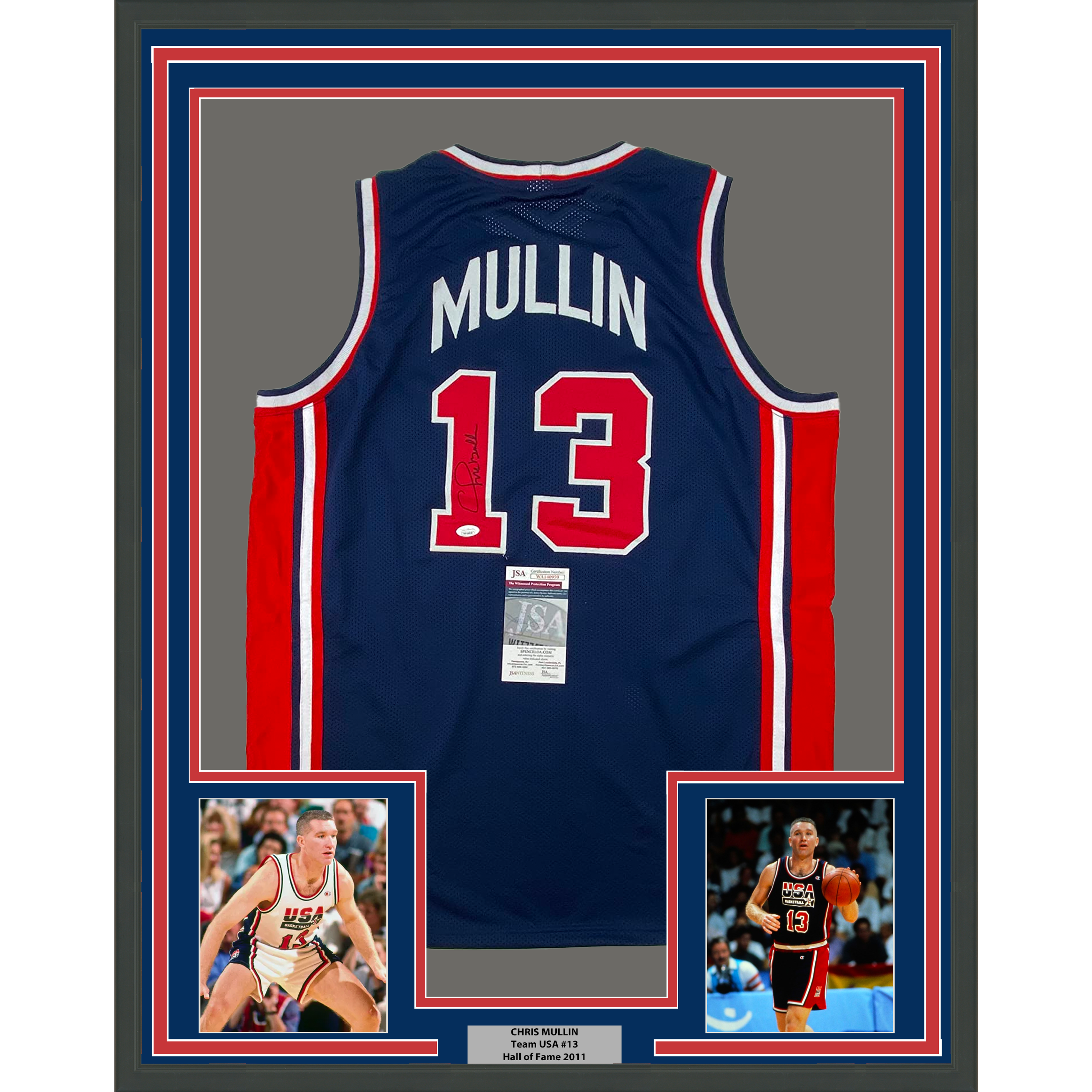 Framed Autographed/Signed Chris Mullin 35x39 1992 Dream Team USA Olympics Blue Basketball Jersey JSA COA