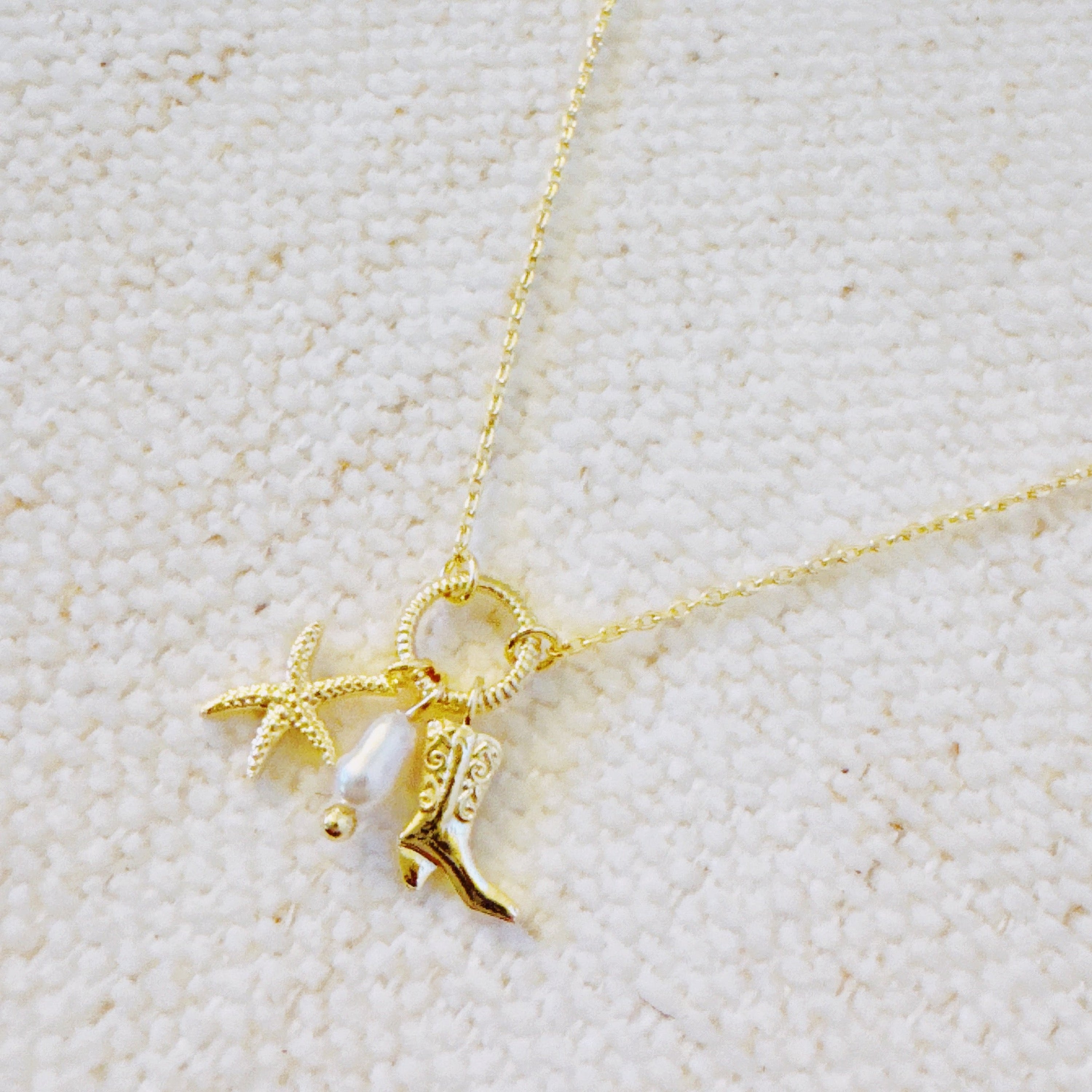 Coastal Cowgirl Necklace – Gold-Tone Chain with Starfish and Western Boot Charms