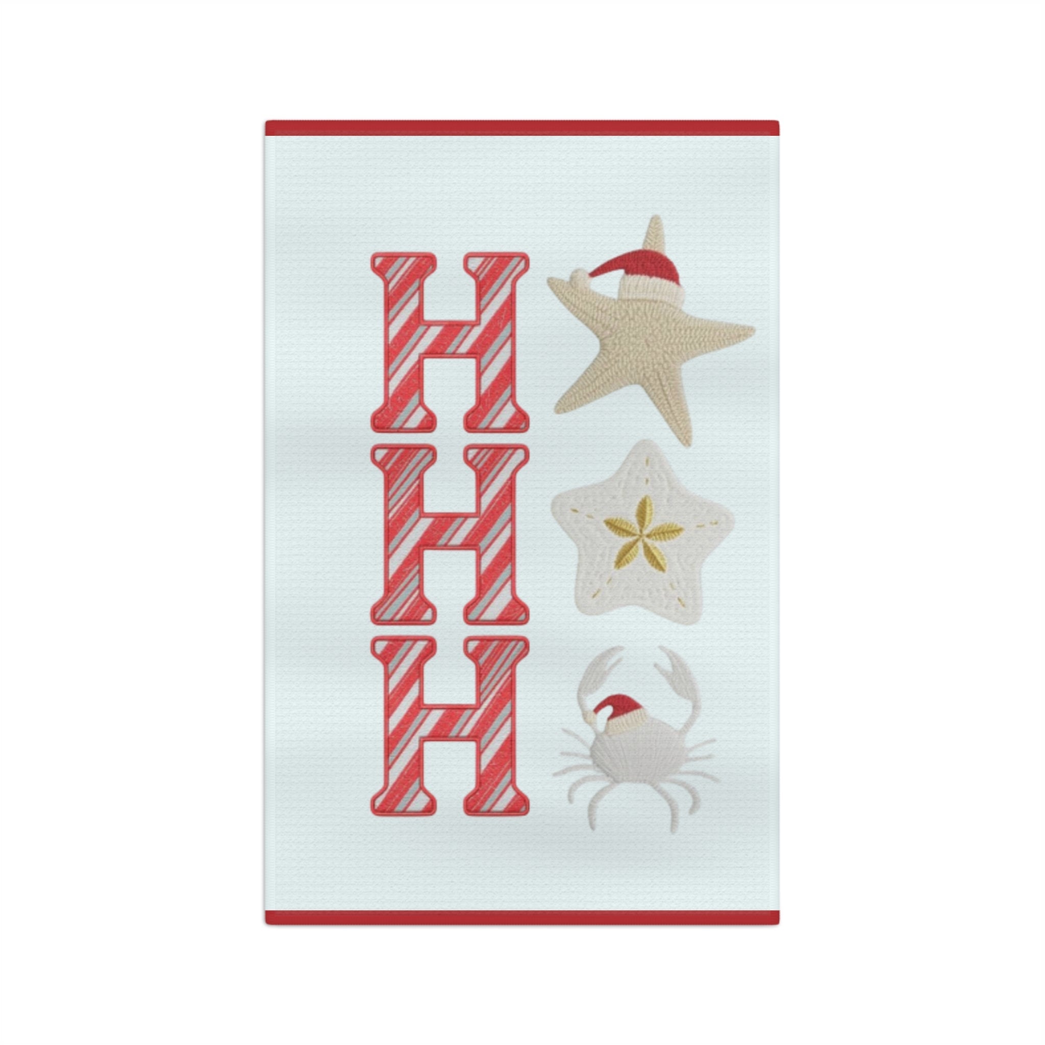 Coastal &amp;quot;Ho Ho Ho&amp;quot; Kitchen Towel | Crab, Starfish, Sand Dollar Nautical Christmas Tea Towel