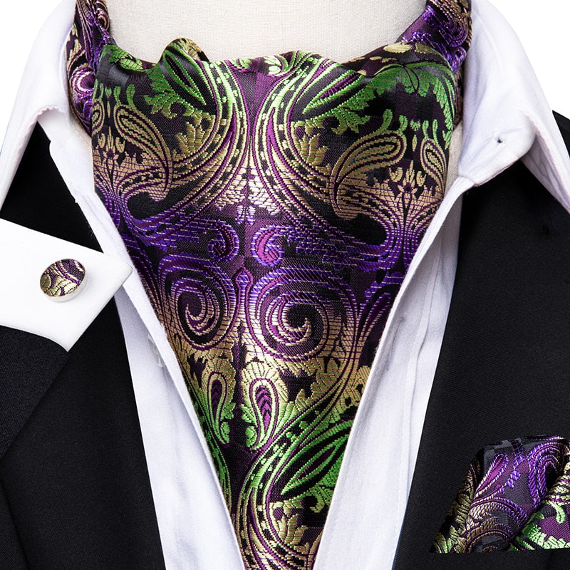 Colorful Silk Ascot/Cravat Tie, Handkerchief &amp; Cufflinks Set