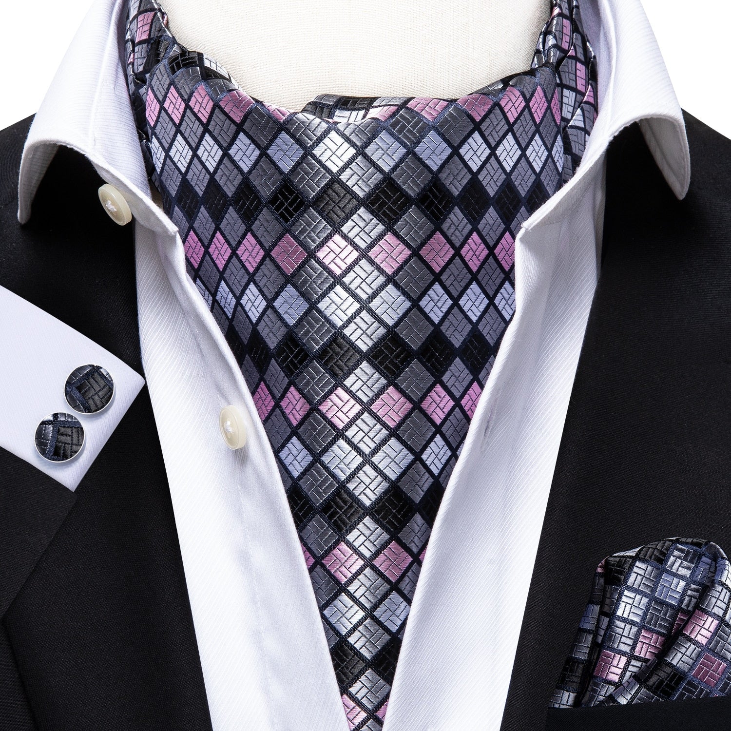 Colorful Silk Ascot/Cravat Tie, Handkerchief &amp; Cufflinks Set