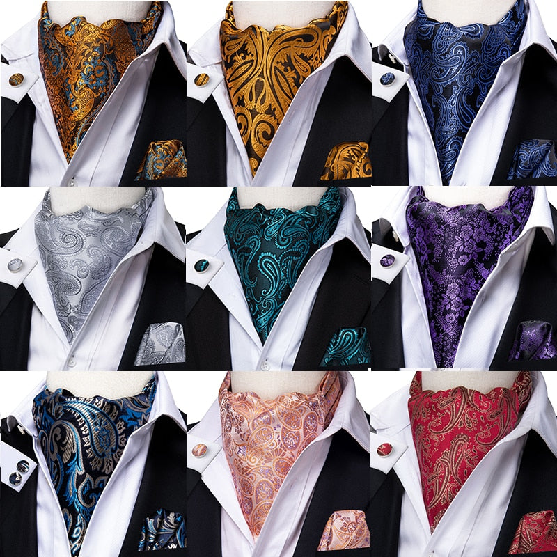 Colorful Silk Ascot/Cravat Tie, Handkerchief &amp;amp; Cufflinks Set