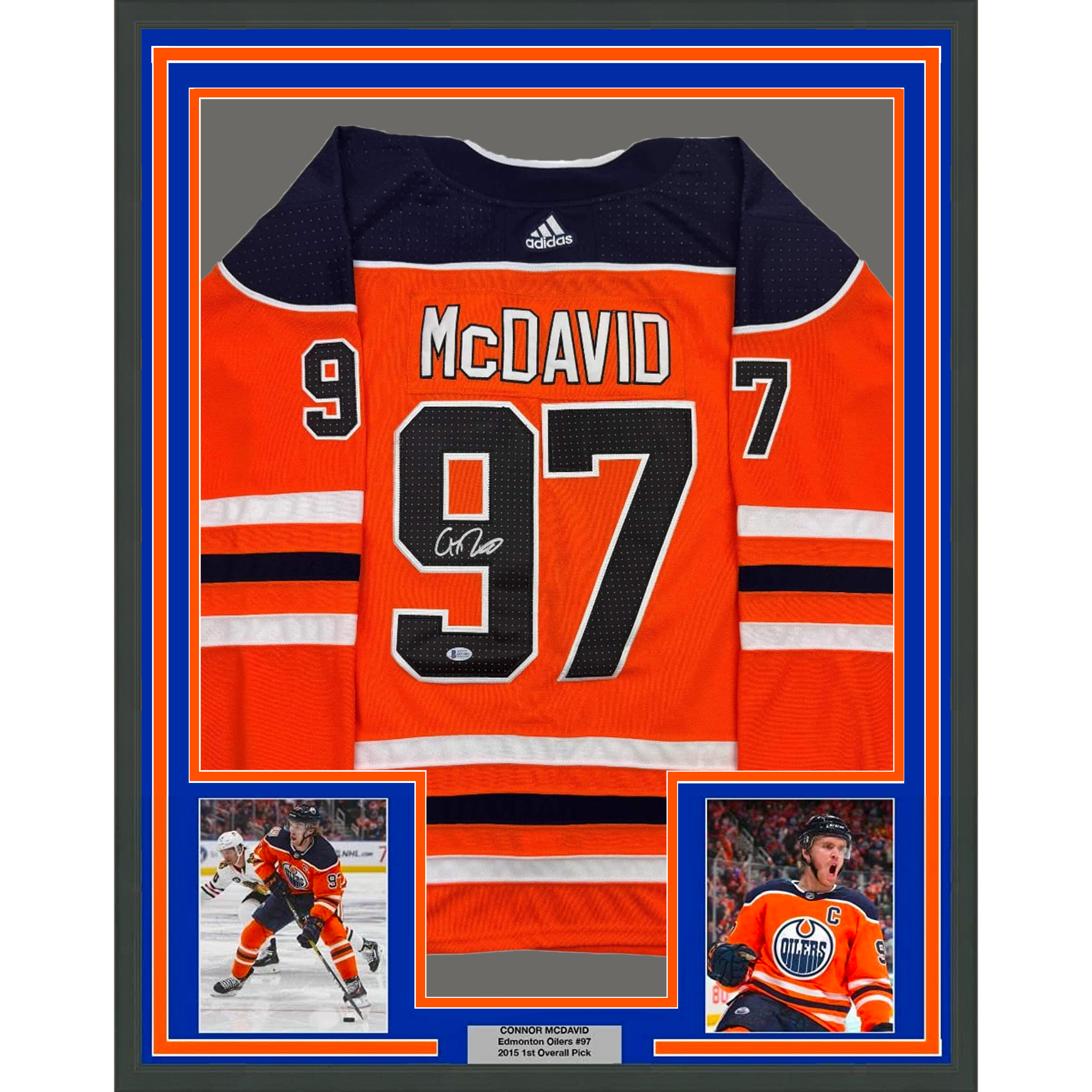 Framed Autographed/Signed Connor McDavid 35x39 Edmonton Orange Hockey Jersey Beckett BAS COA