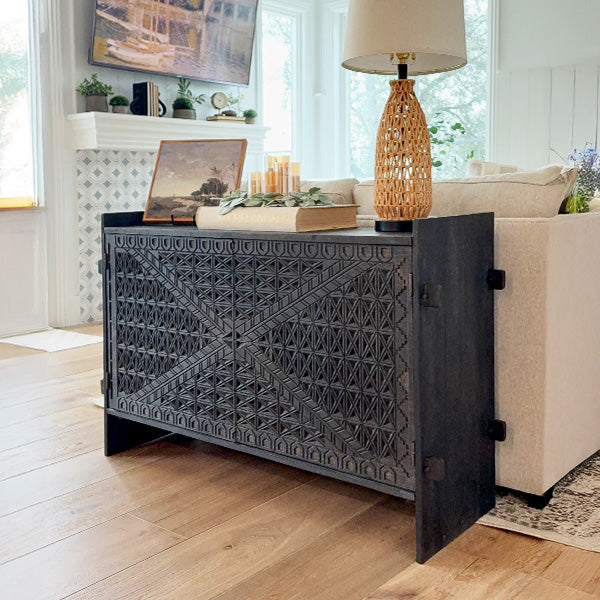 48 INCH CARVED PATTERN WOOD CONSOLE TABLE