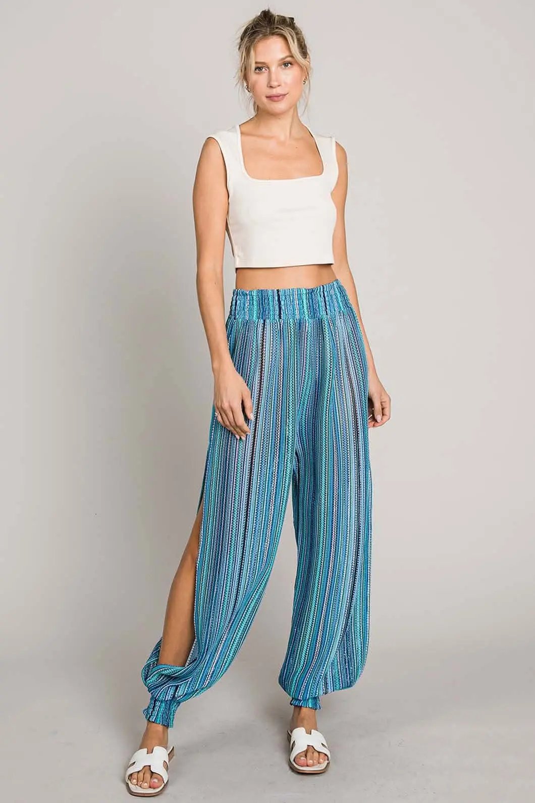 Trendsi Cotton Bleu Striped Smocked Women&amp;#39;s Cover Up Pants - Comfy &amp;amp; Lightweight