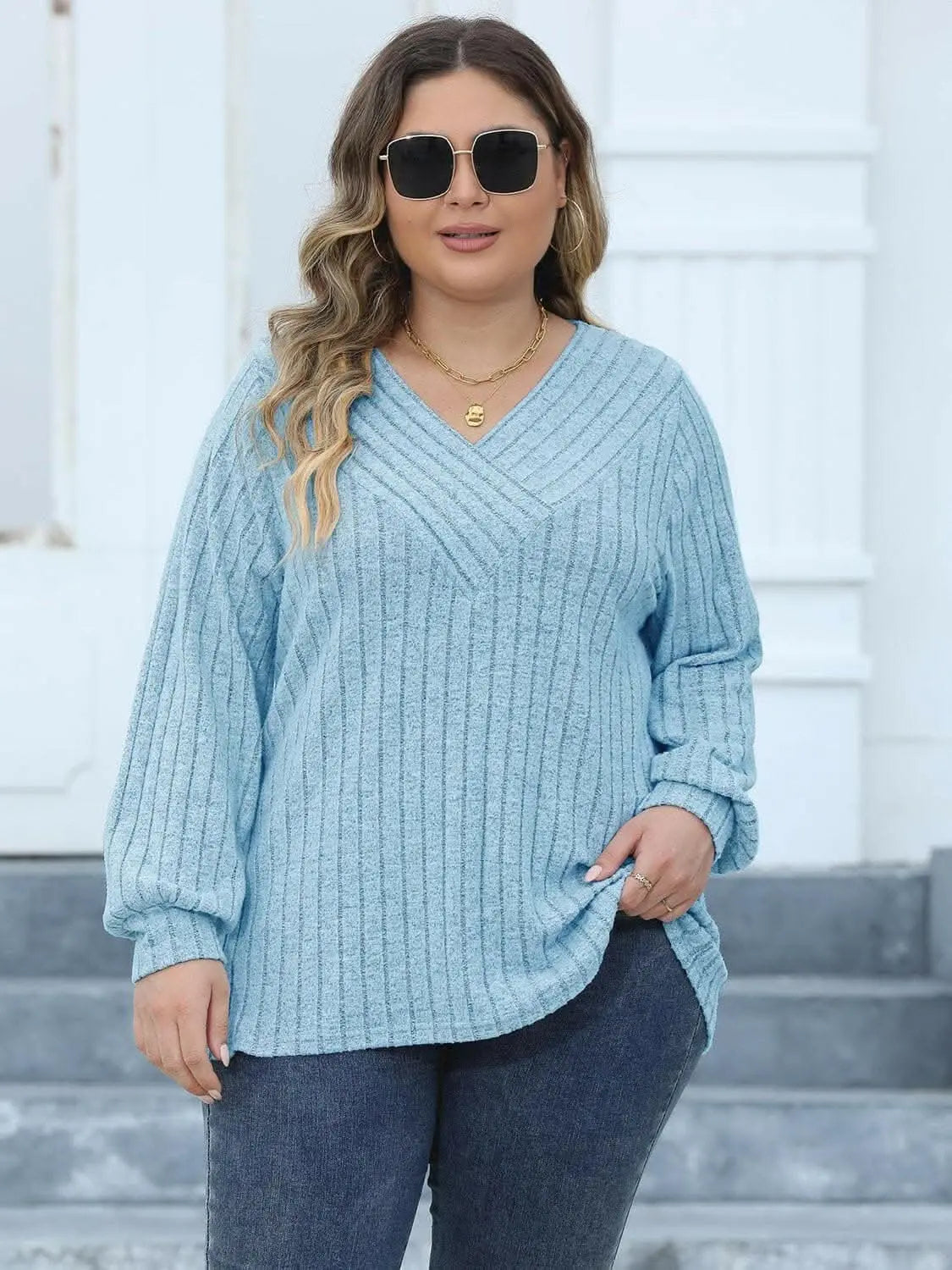 plus - Cozy ribbed v-neck top for curves