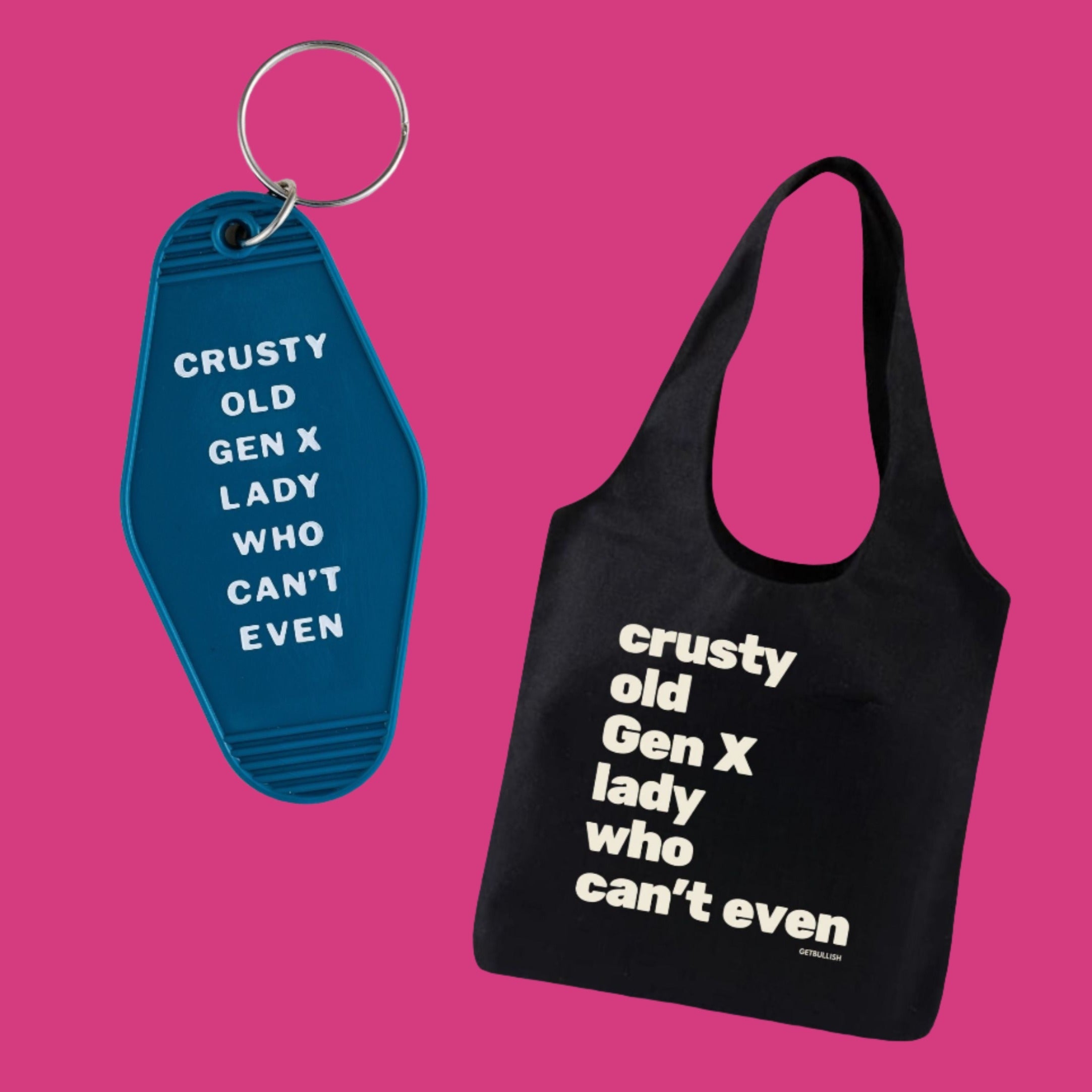Crusty Old Gen X Lady Who Can&amp;#39;t Even Keychain and Tote Bag Bundle | Motel Style Keyholder and Black Canvas Tote