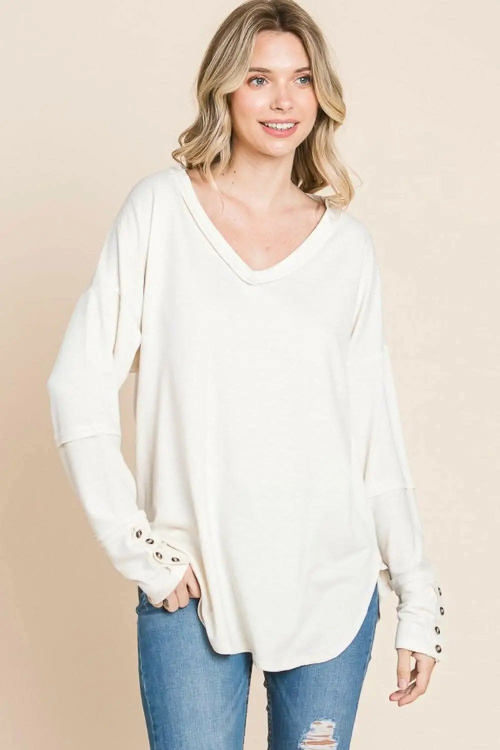 usa - Culture Code Full Size V-Neck Dropped Shoulder Blouse