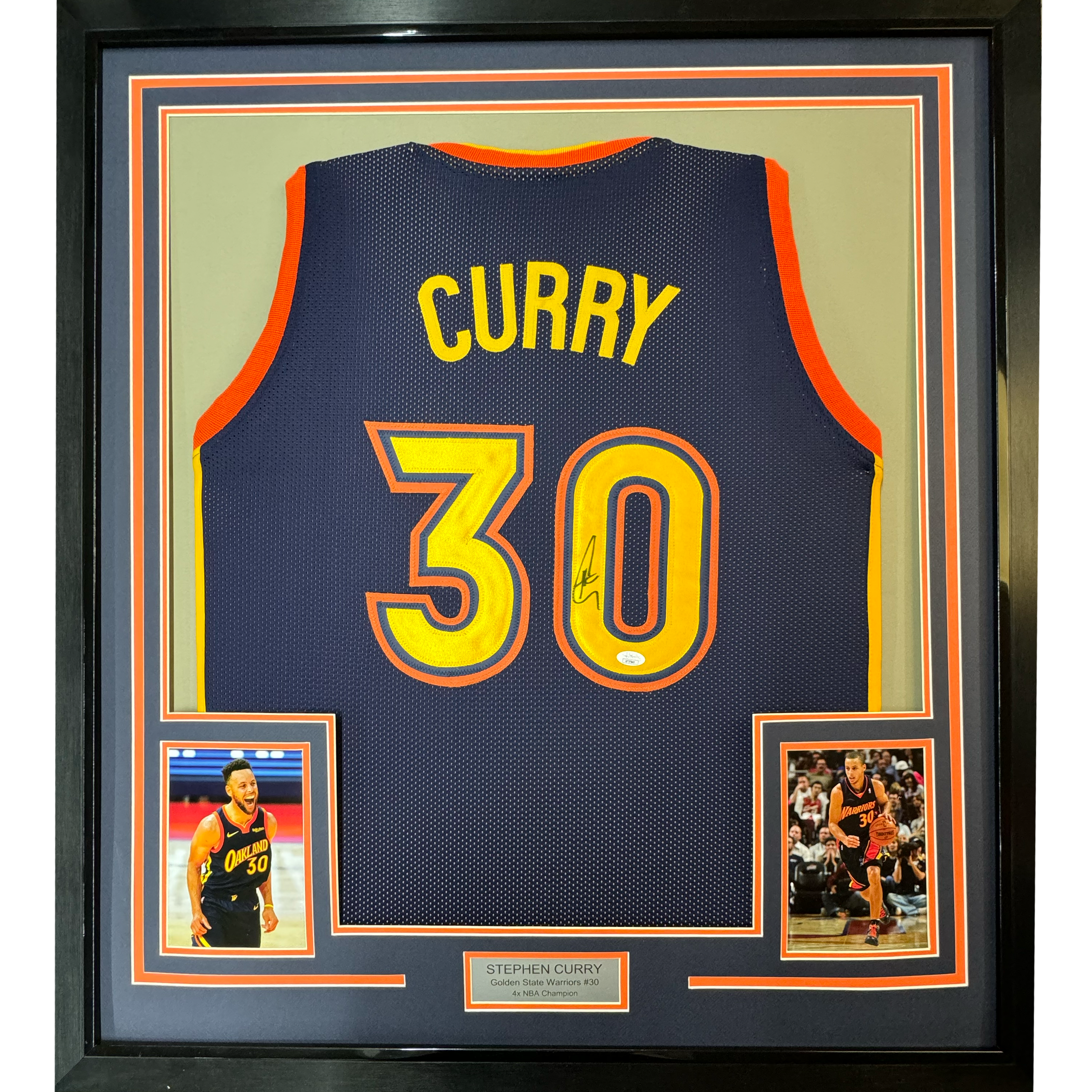 Framed Autographed/Signed Stephen Steph Curry 35x39 Golden State Navy Blue Throwback Basketball Jersey JSA COA