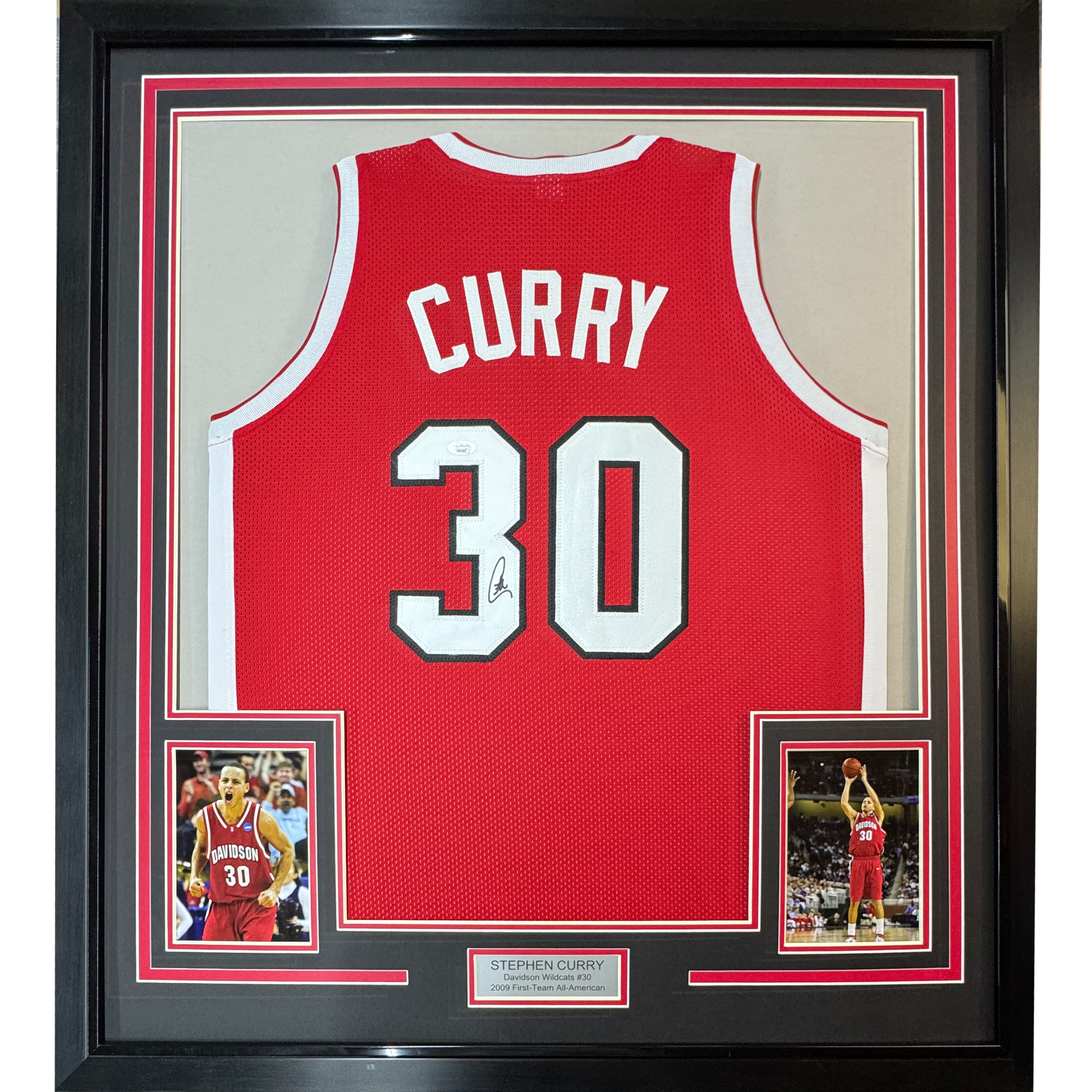 Framed Autographed/Signed Stephen Steph Curry 35x39 Davidson Wildcats Red College Basketball Jersey JSA COA