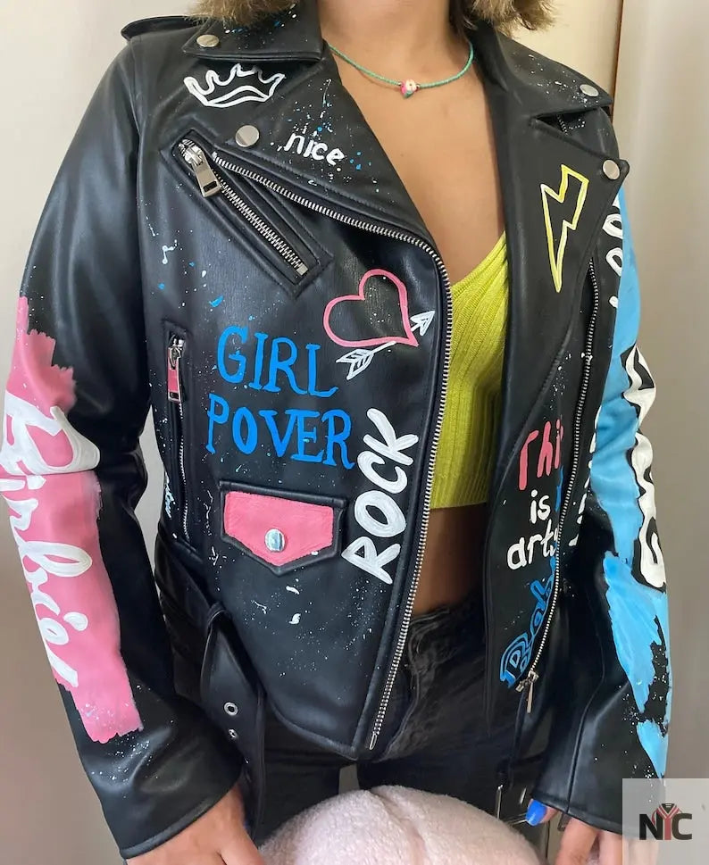 Custom Text Jacket Painted Faux Leather Motorcycle Jacket Danger