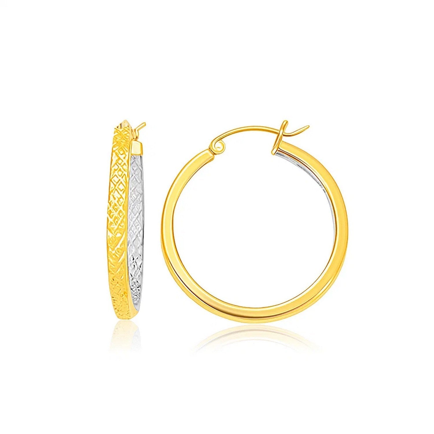 Two-Tone Yellow and White Gold Petite Patterned Hoop Earrings(3x25mm)