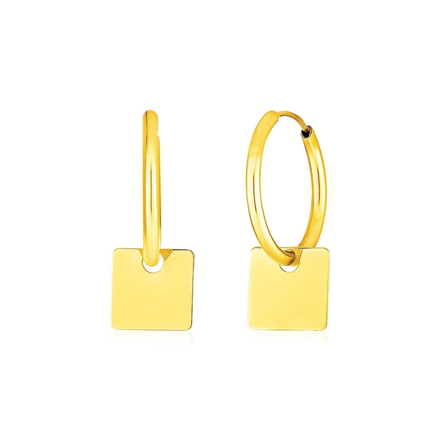 14k Yellow Gold Huggie Style Hoop Earrings with Square Drops