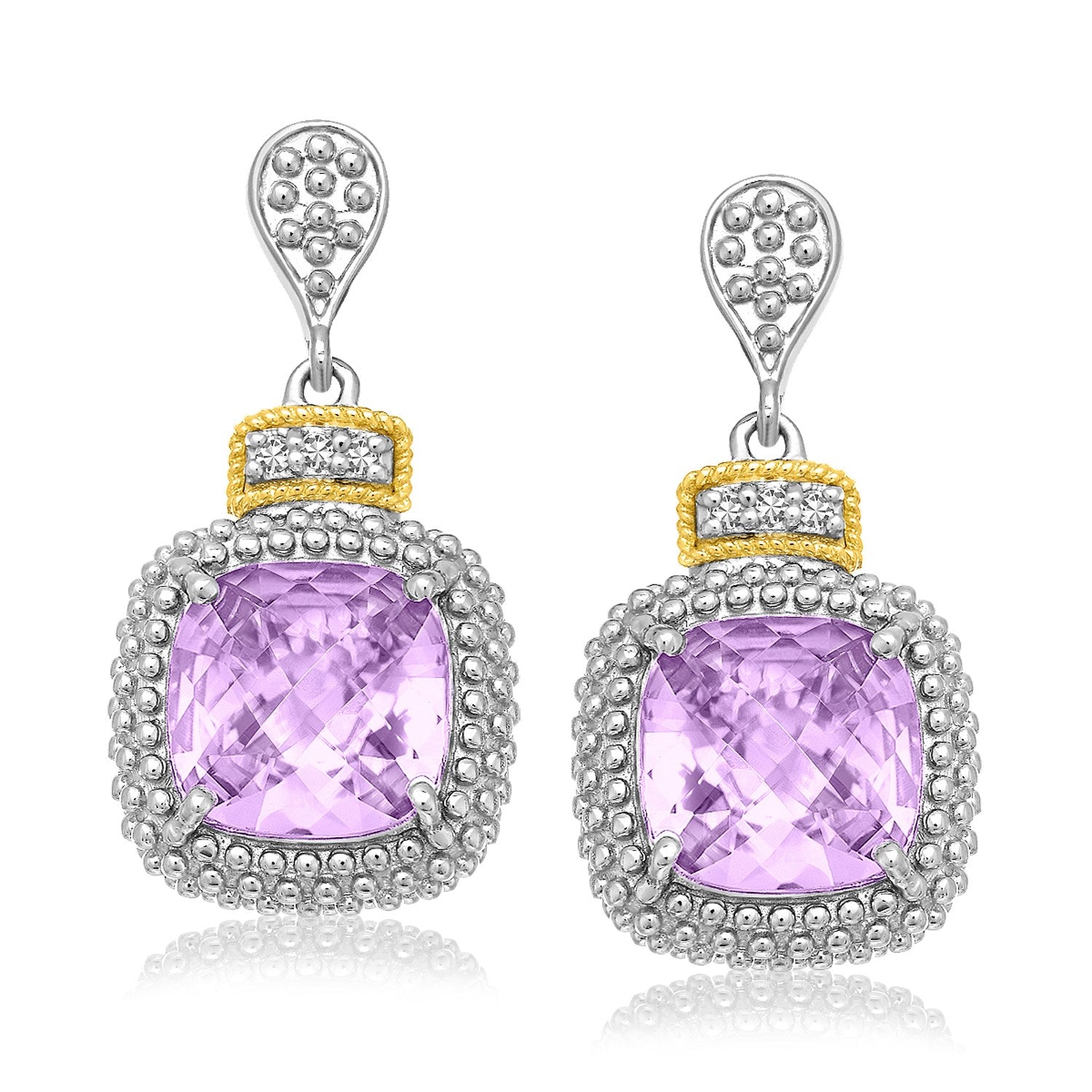18k Yellow Gold &amp;amp; Sterling Silver Cushion Amethyst &amp;amp; Diamond Earrings (.05cttw)