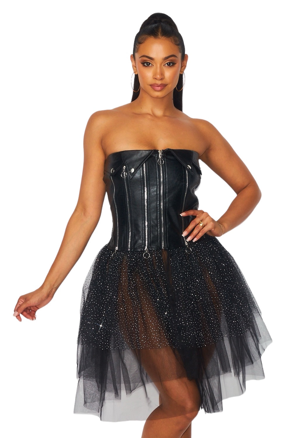 Vegan Leather Zipper Tulle Tube Dress