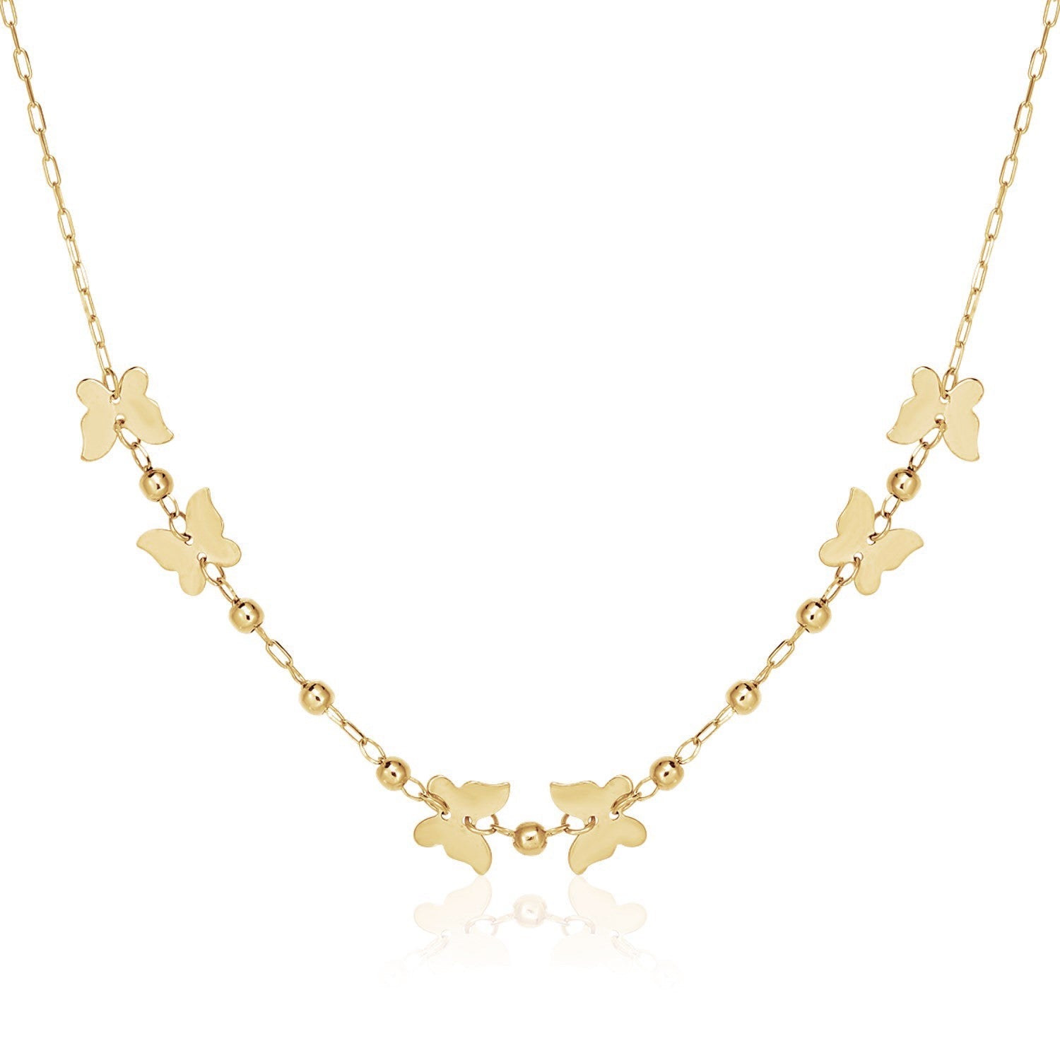 14k Yellow Gold 18 inch Necklace with Polished Butterflies and Beads