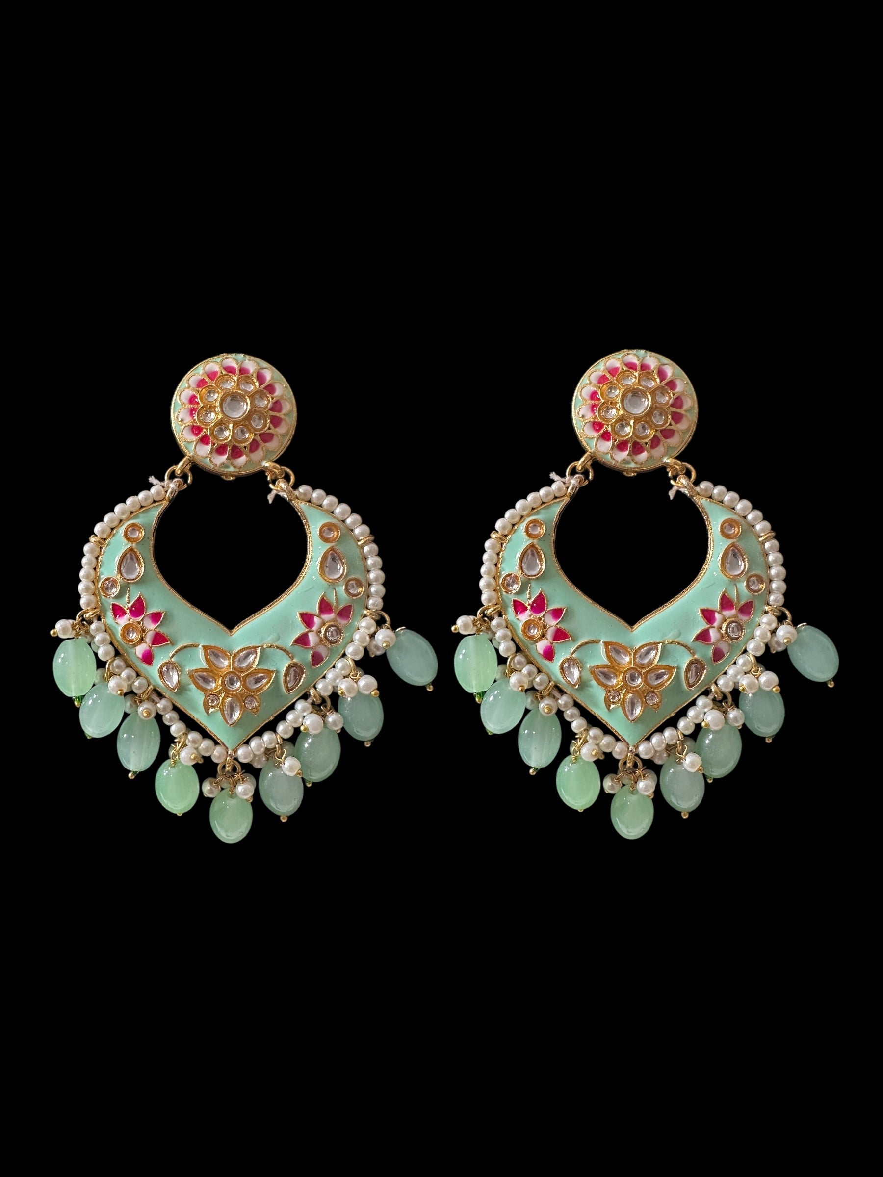 DER798 large sized kundan earrings- light green  ( READY TO SHIP )