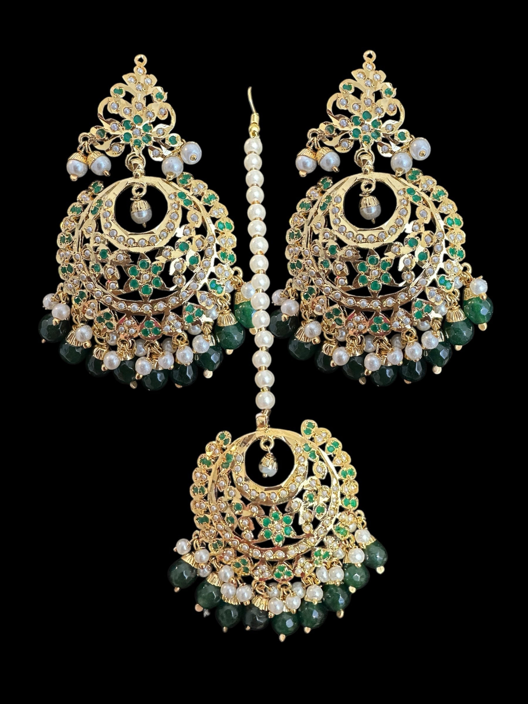 DJET84 Dafiya Gold Plated emerald Chandbali Earrings &amp;amp; Tika Set | Ready to Ship | Deccan Jewelry