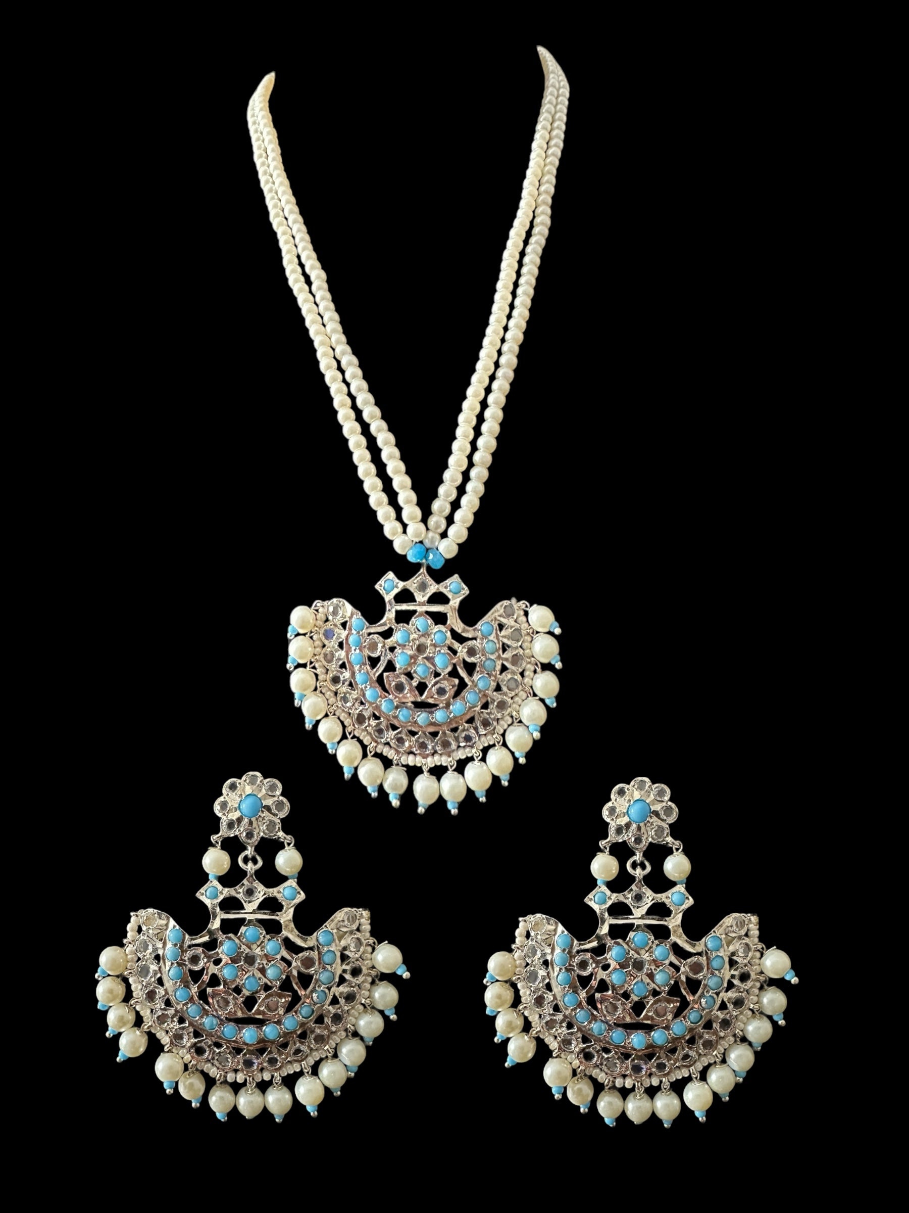 Turquoise / feroza hyderabadi silver plated pendant set with pearls ( READY TO SHIP  )