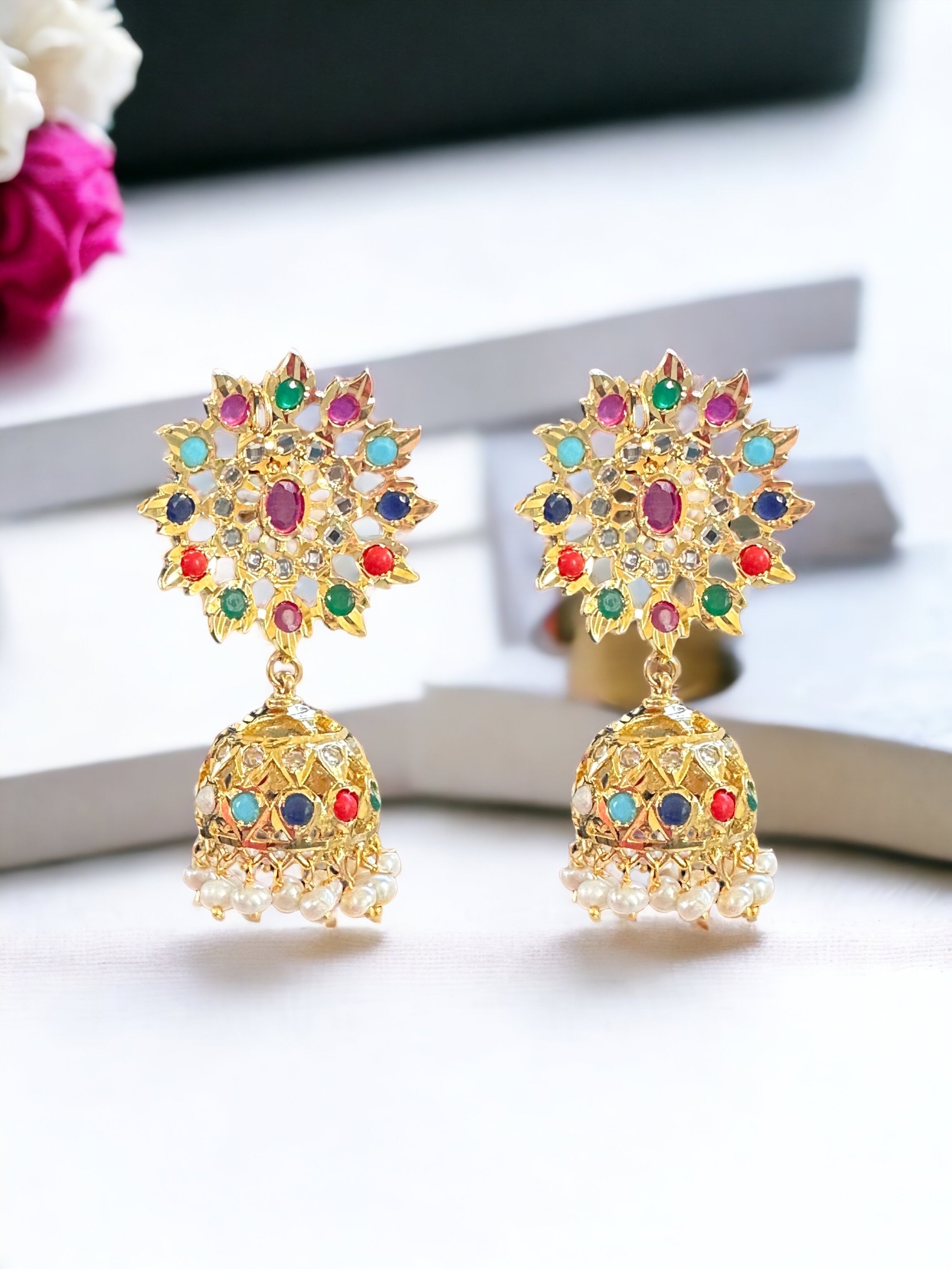 DER521 Hyderabadi gold plated Jhumka - Navratan  ( SHIPS IN 3 WEEKS )