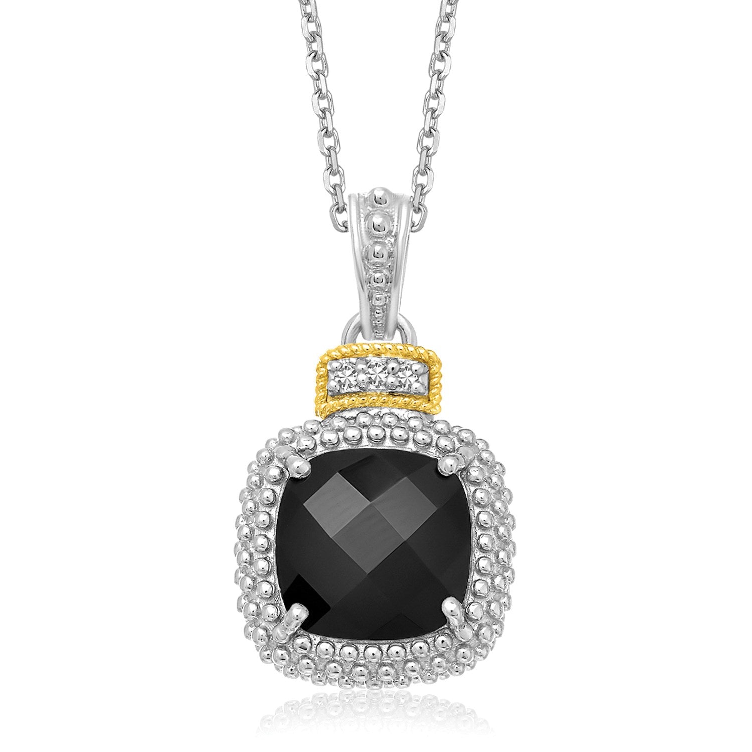 18k Yellow Gold &amp;amp; Sterling Silver Popcorn Cushion Black Onyx and Diamond Pendant