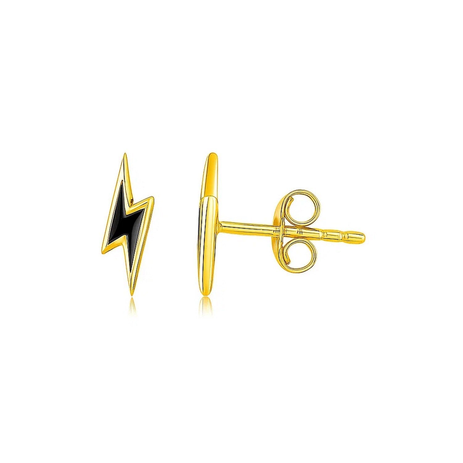 14k Yellow Gold and Enamel Black Lightning Bolt Stud Earrings