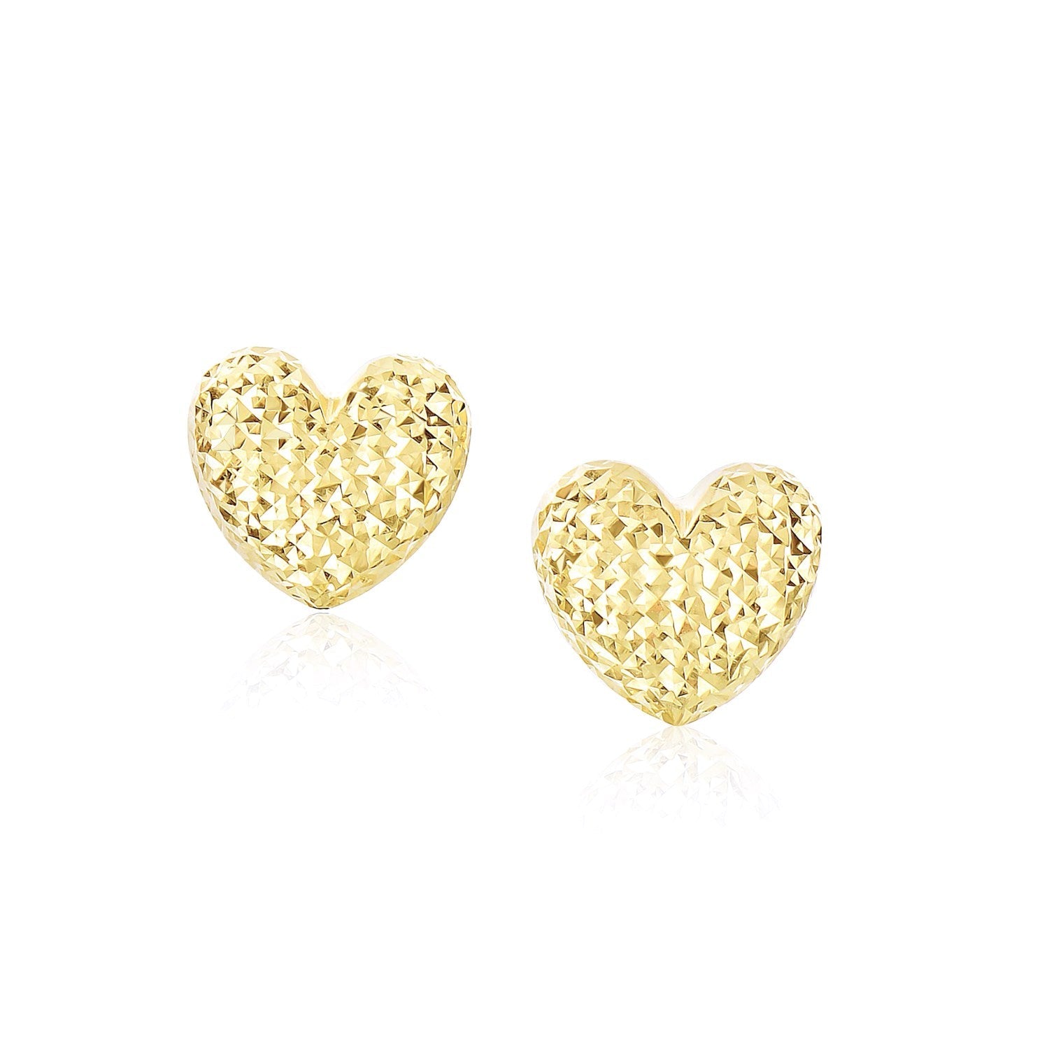 14 k Yellow Gold Puffed Heart Earrings with Diamond Cuts