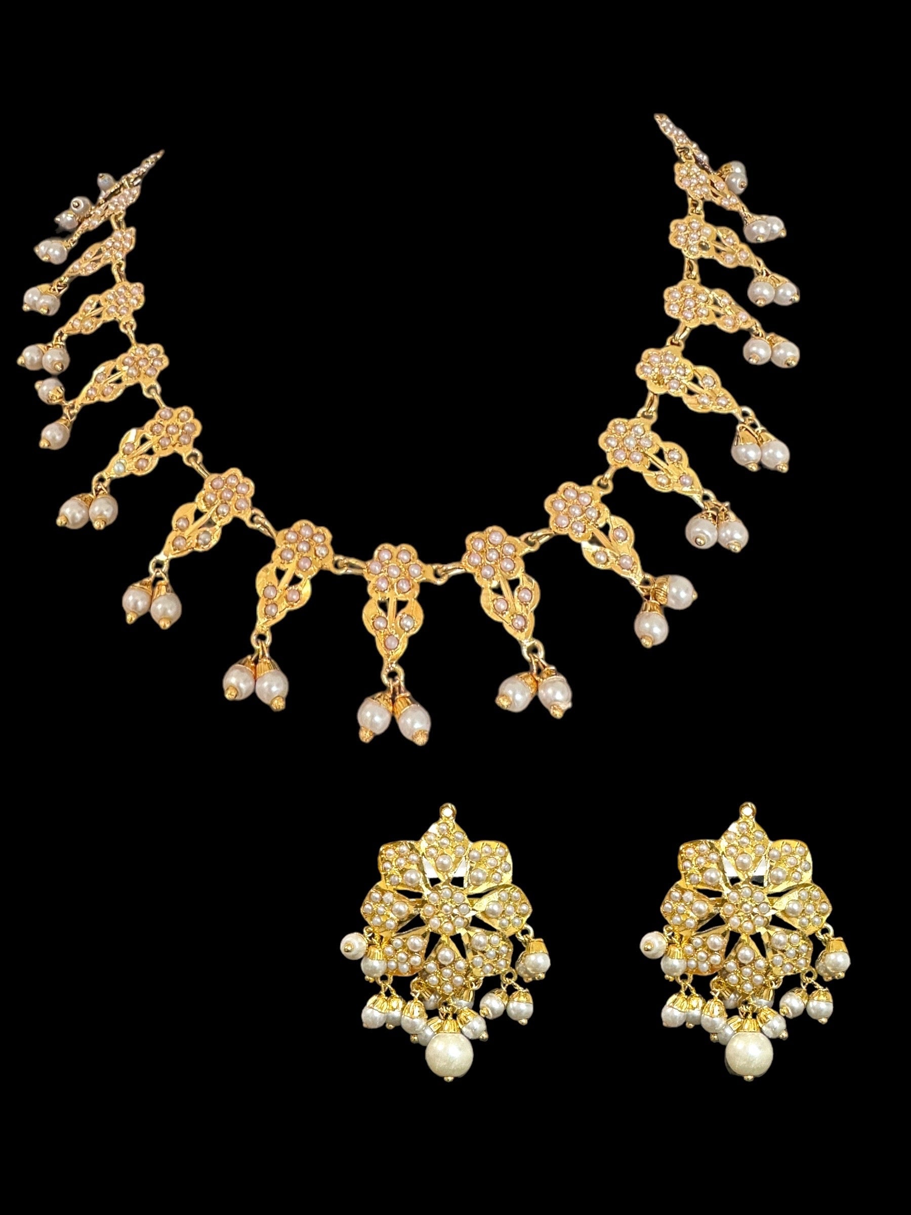 DNS105 Alea punjabi Jadau necklace  set - pearls (SHIPS IN 2 WEEKS)