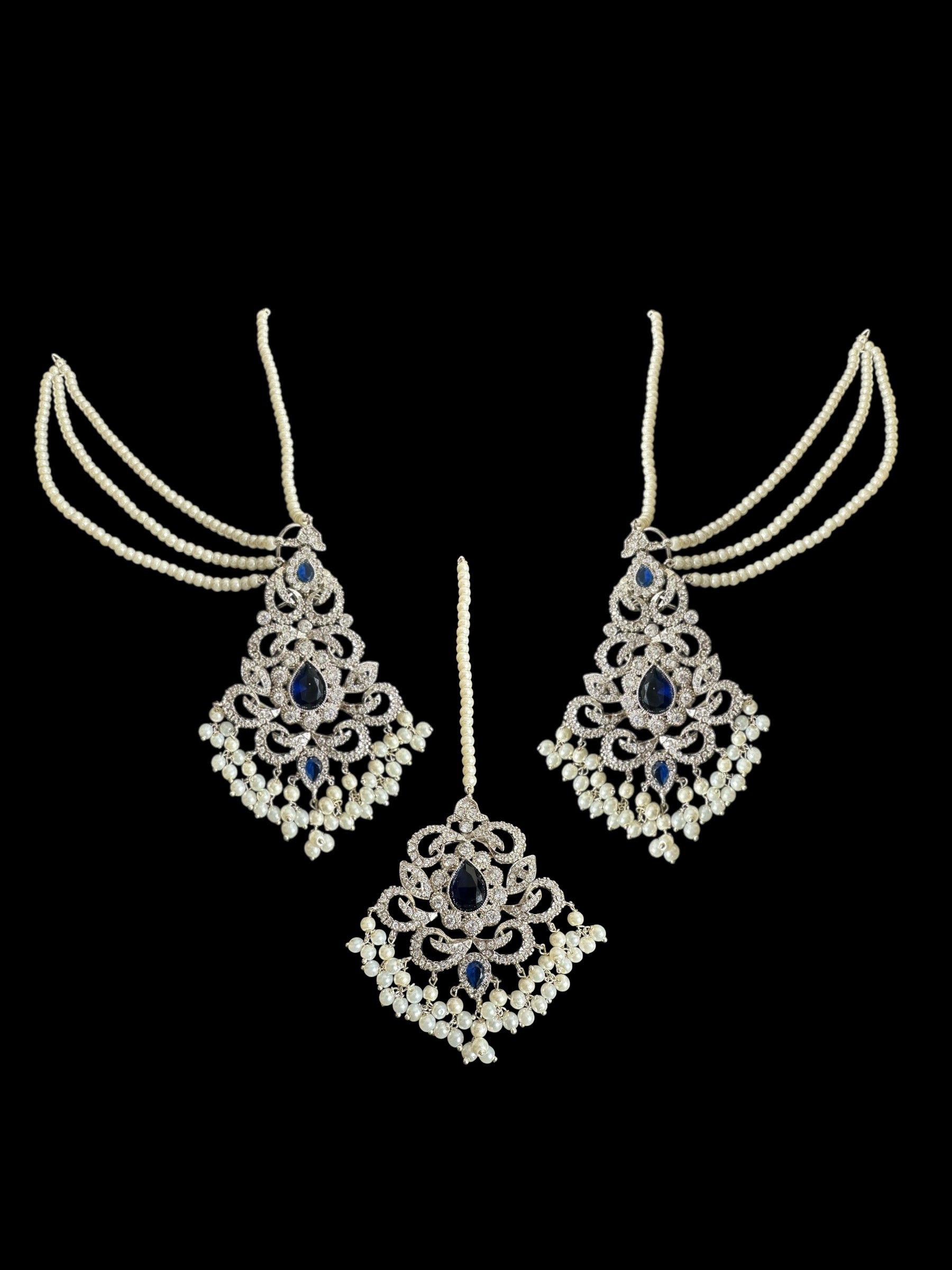 DJET74 Raaga zircon earring tika set in blue with silver plating ( READY TO SHIP )