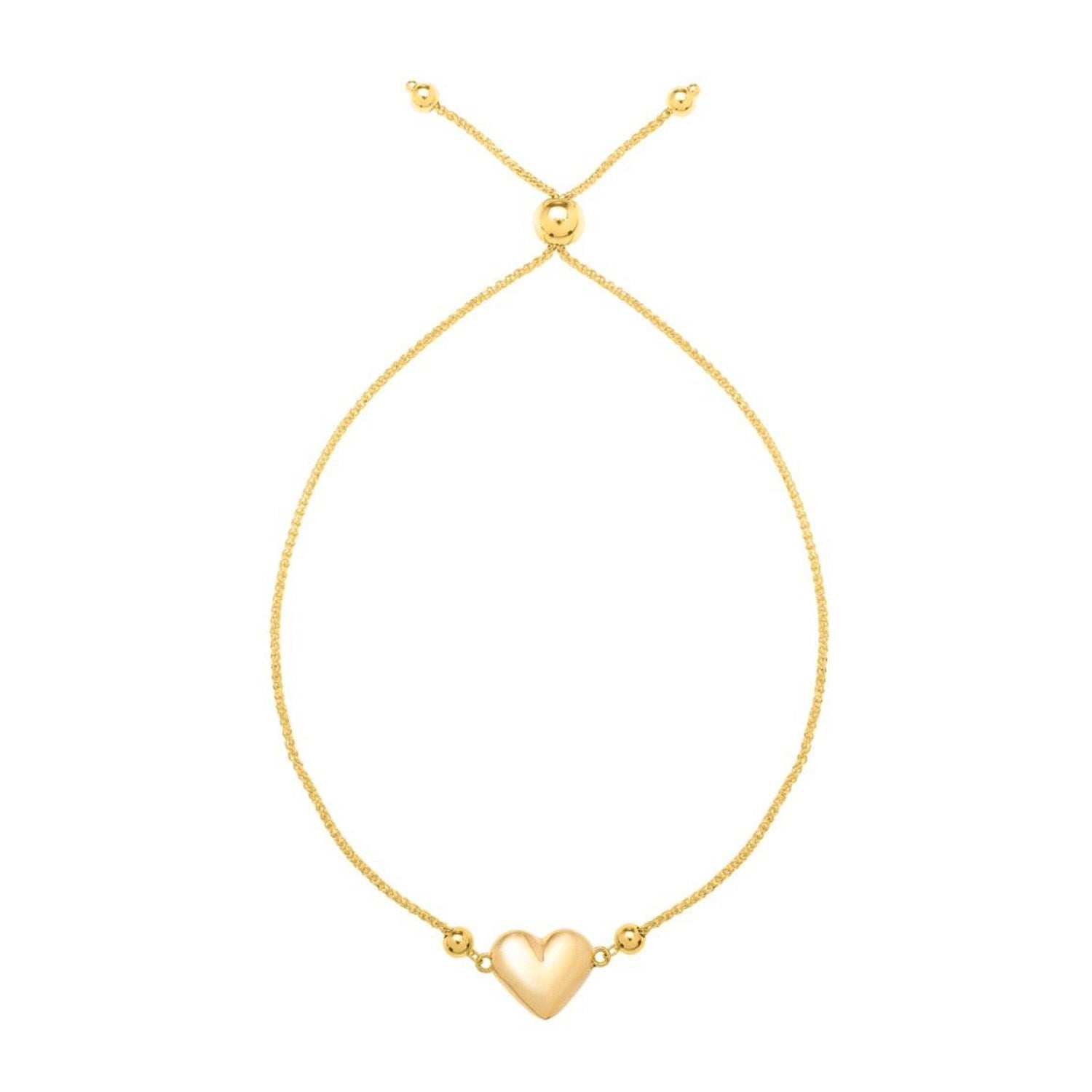 Adjustable Puffed Heart Draw String Bracelet in 14K Yellow Gold
