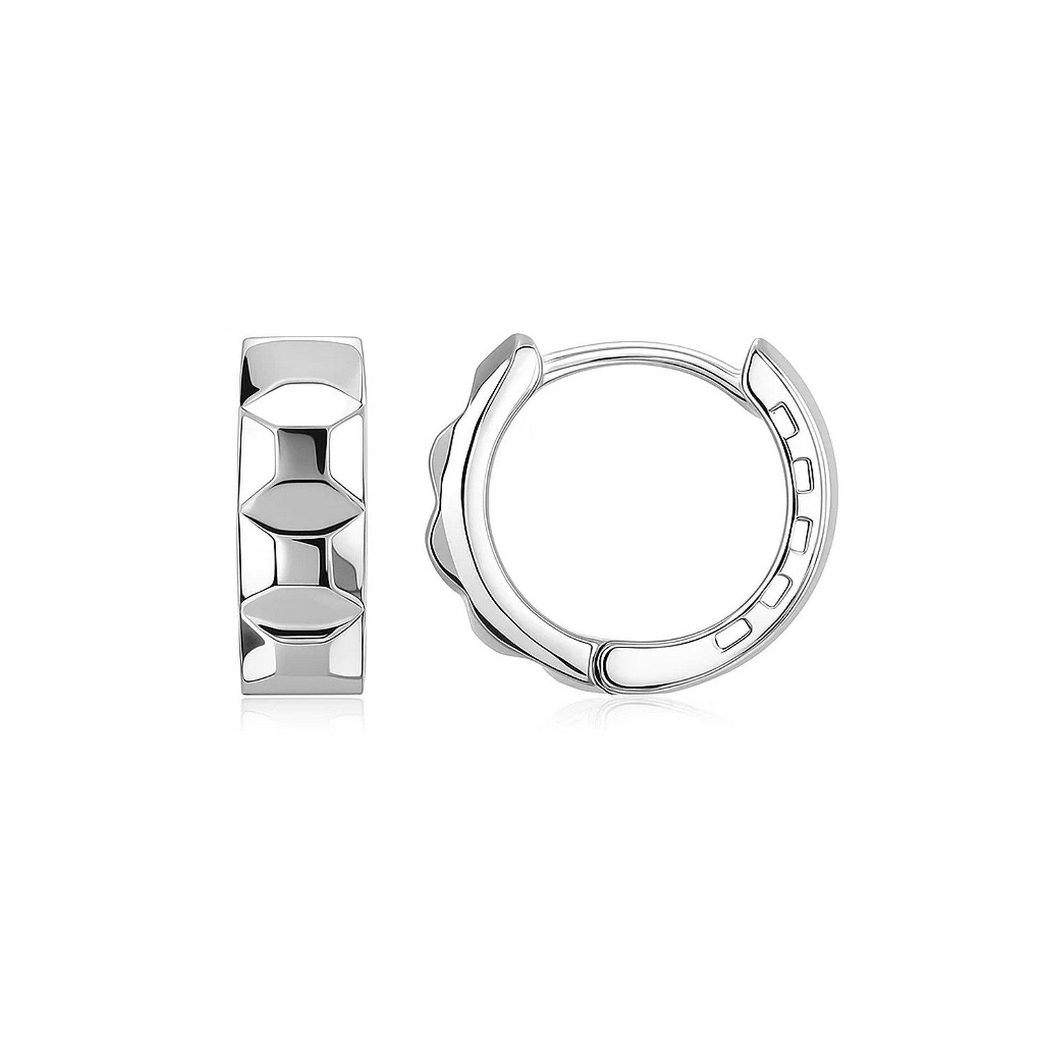 14K White Gold Square Motif Faceted Huggie Earrings