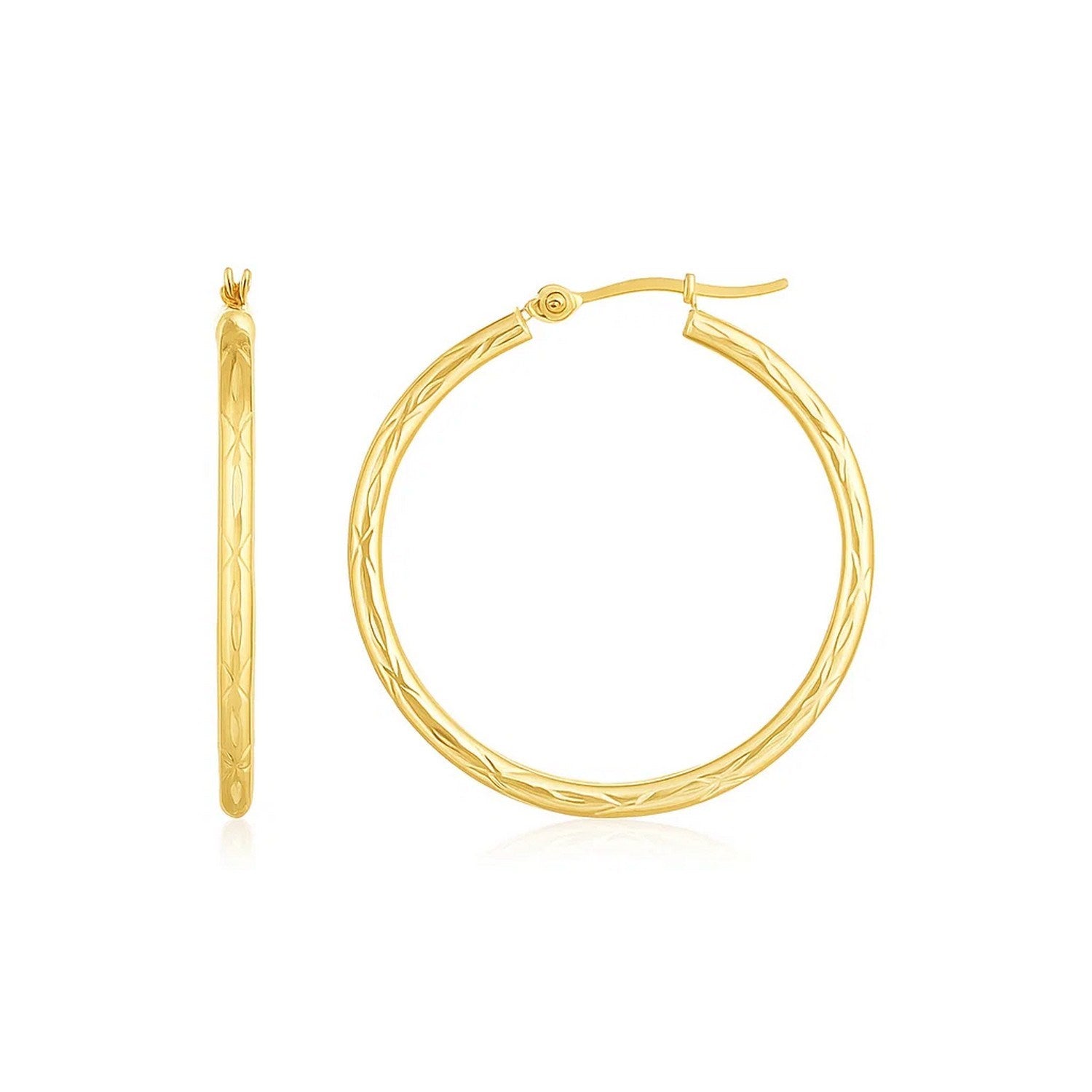 14K Yellow Gold Diamond Cut Hoop Earrings(2x30mm)