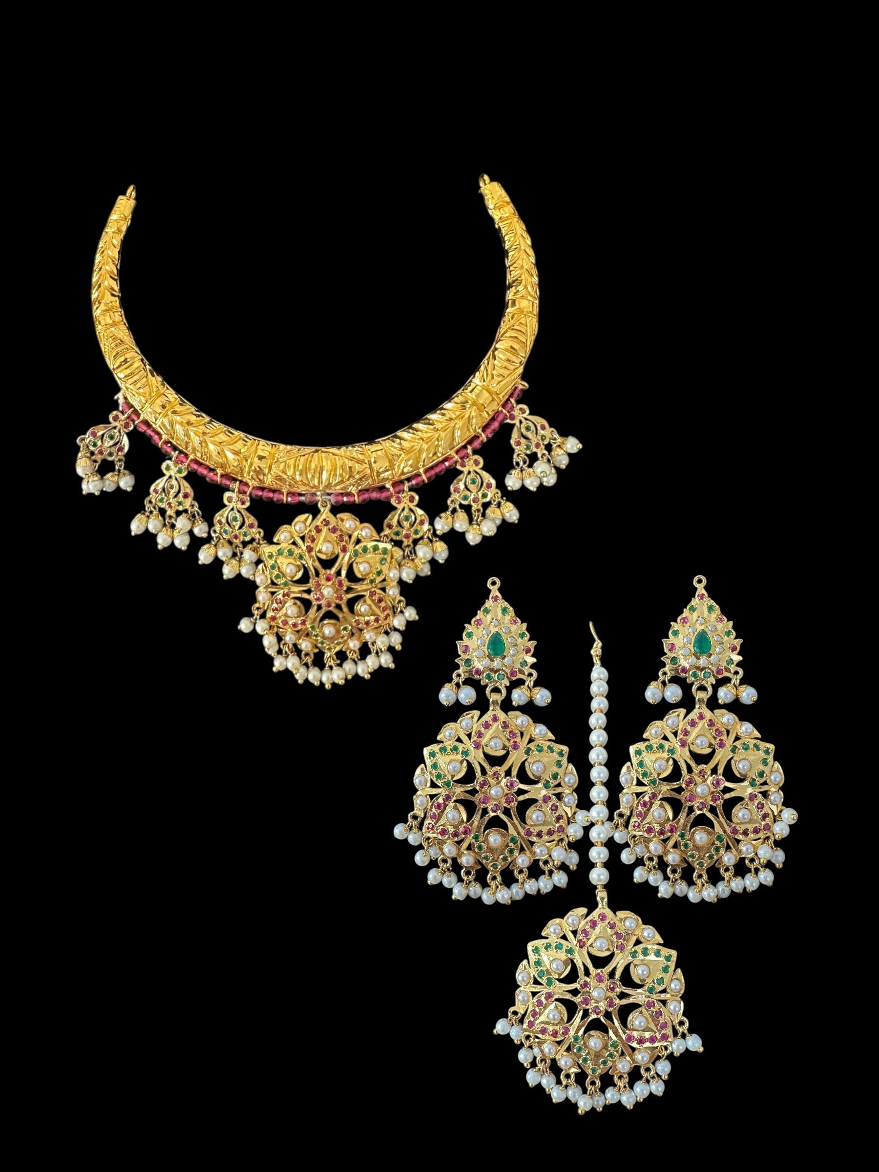 DNS190  Gold-Plated jadau ruby emerald  Hasli Necklace with earrings tika  – Handcrafted Traditional Set ( READY TO SHIP )